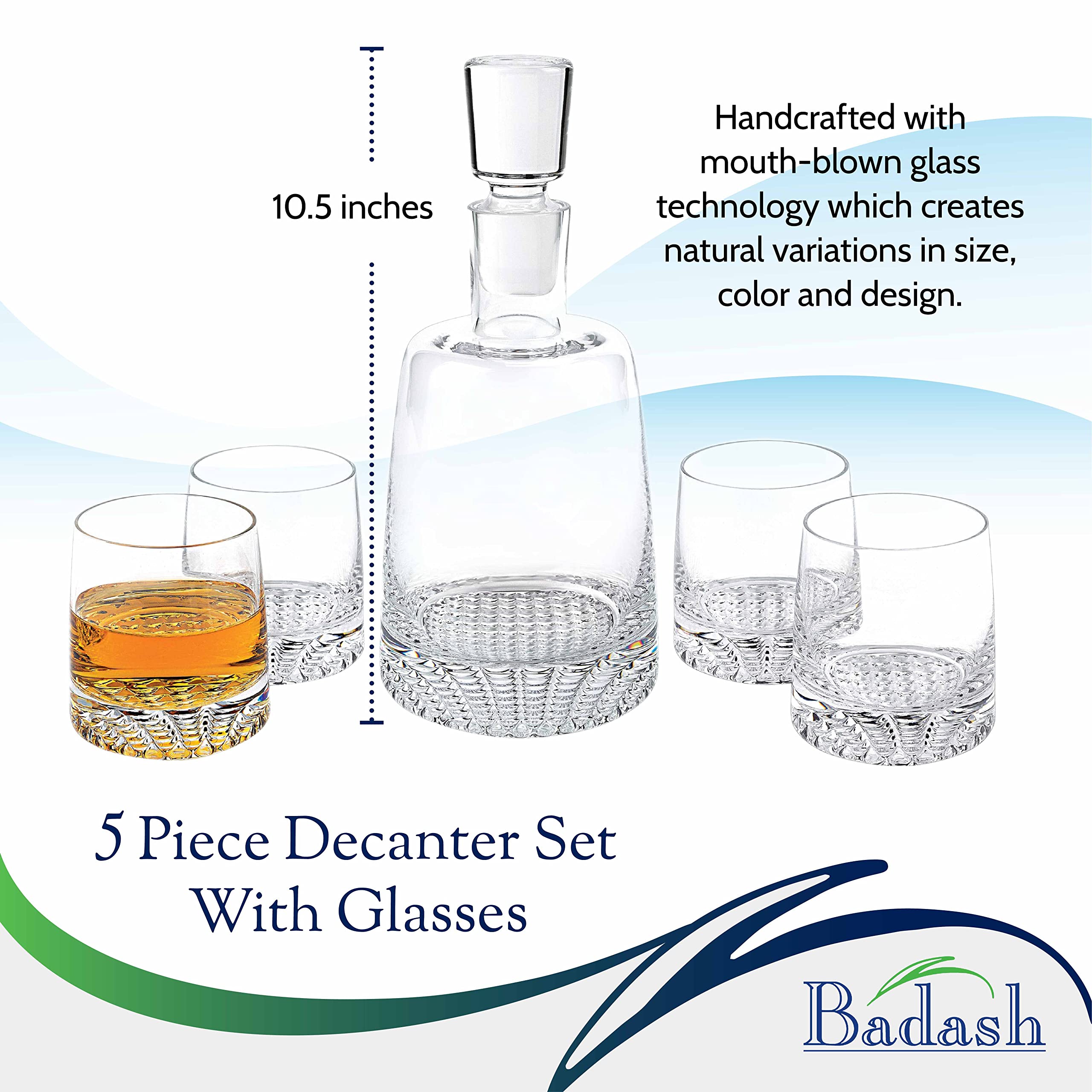 Premium Crystal Whiskey Decanter Set with 4 Lead-Free Glasses - 5-Piece Bourbon & Scotch Decanter Gift Set - Handcrafted Mouth-Blown Crystal for Home Bar, Wedding Gifts & Entertaining