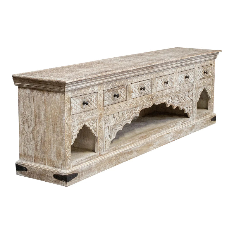 Hand Carved Whitewashed Low Sideboard - Rustic Farmhouse TV Stand, Entryway Console Table, or Dining Room Buffet - Perfect for Living Room, Bedroom, or Hallway Storage