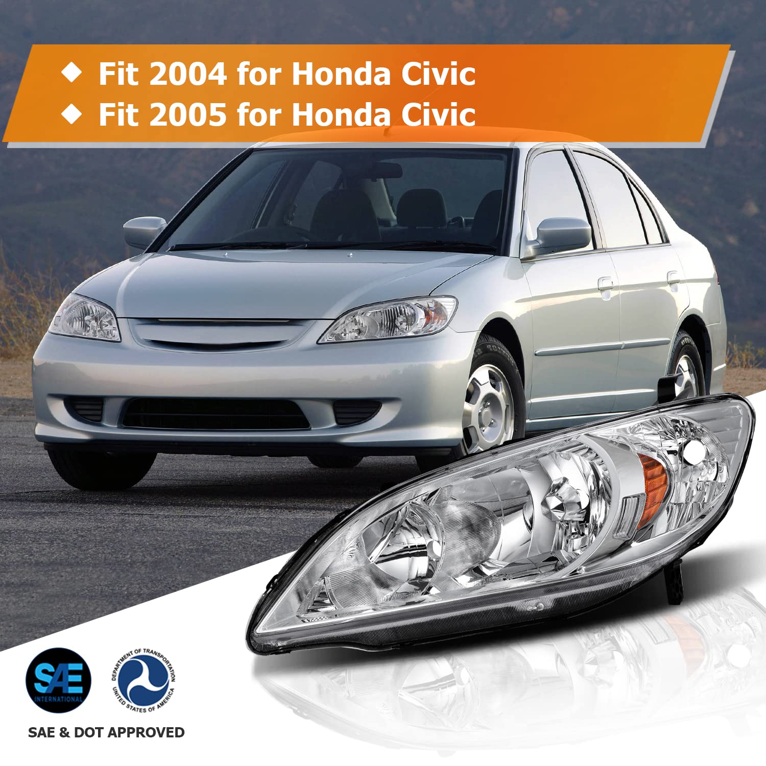 2004-2005 Honda Civic Headlight Assembly - Chrome Housing, Amber Reflector, Clear Lens - Driver & Passenger Side Headlamps - Perfect for Night Driving & Auto Restoration Projects