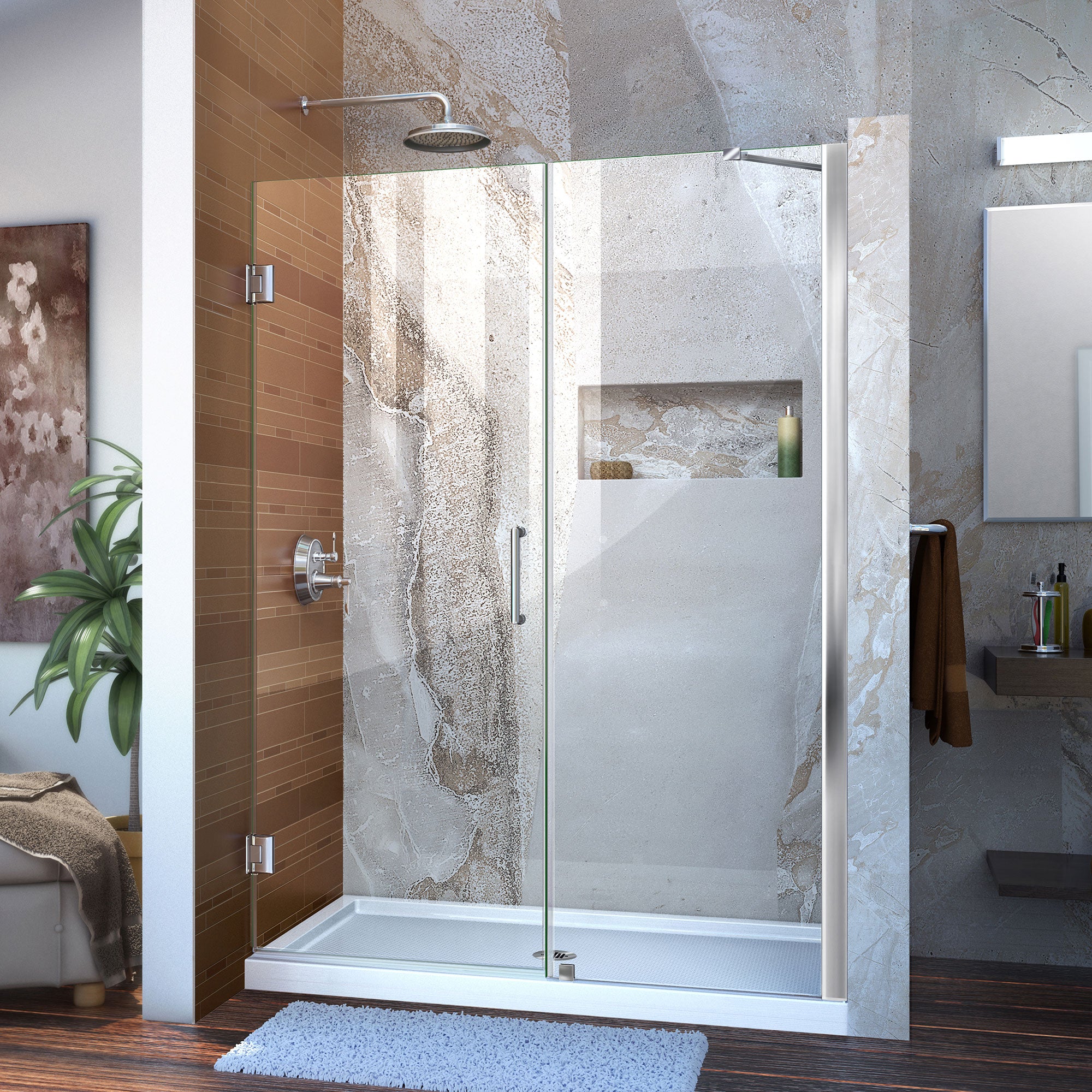 DreamLine Unidoor 54 55 in. W x 72 in. H Frameless Hinged Shower Door with Support Arm - Clear Tempered Glass for Bathroom & Walk-In Showers - Easy Installation & Modern Design