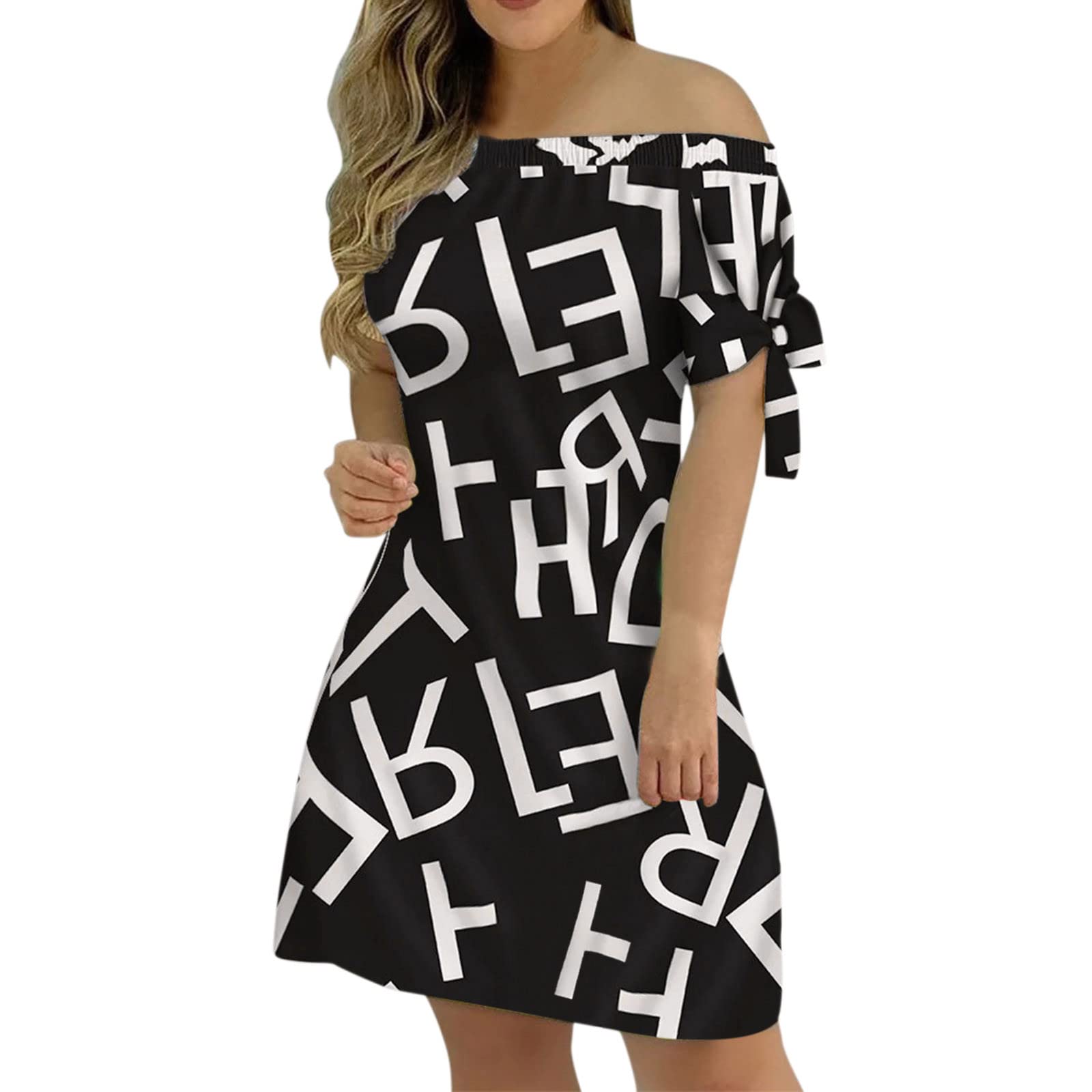 VEFSU Women's Summer Off Shoulder Floral Print Mini Dress with Lace Up Detail - Casual Short Sleeve Party Dress for Beach, Vacation & Date Night