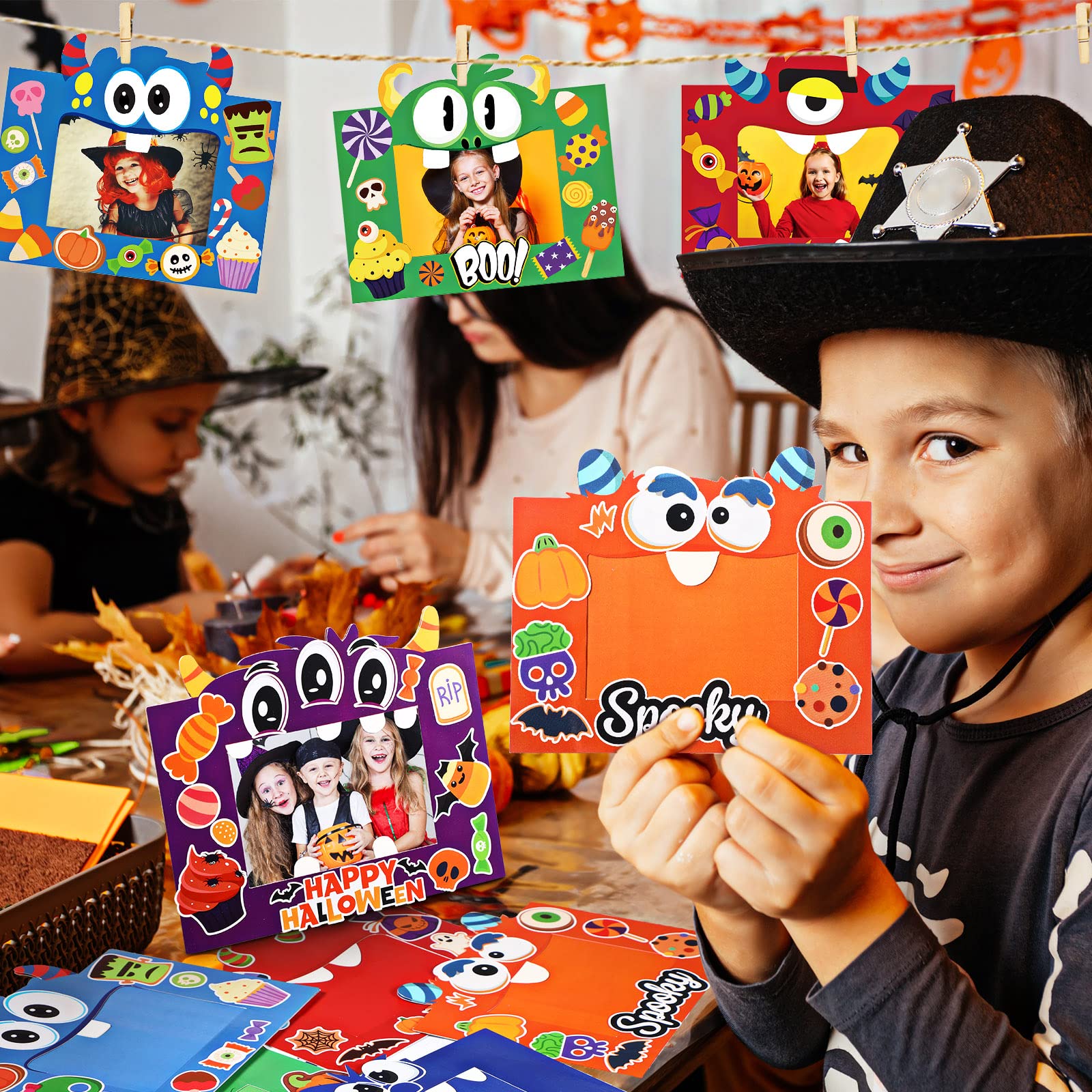 48 Pcs Halloween DIY Picture Frame Craft Kit for Kids - Cartoon Theme Photo Frames with Stickers for Kindergarten, Preschool Classroom Party Favors, Home Decor & Art Projects | Perfect for Halloween Parties, Classroom Activities & Creative Play