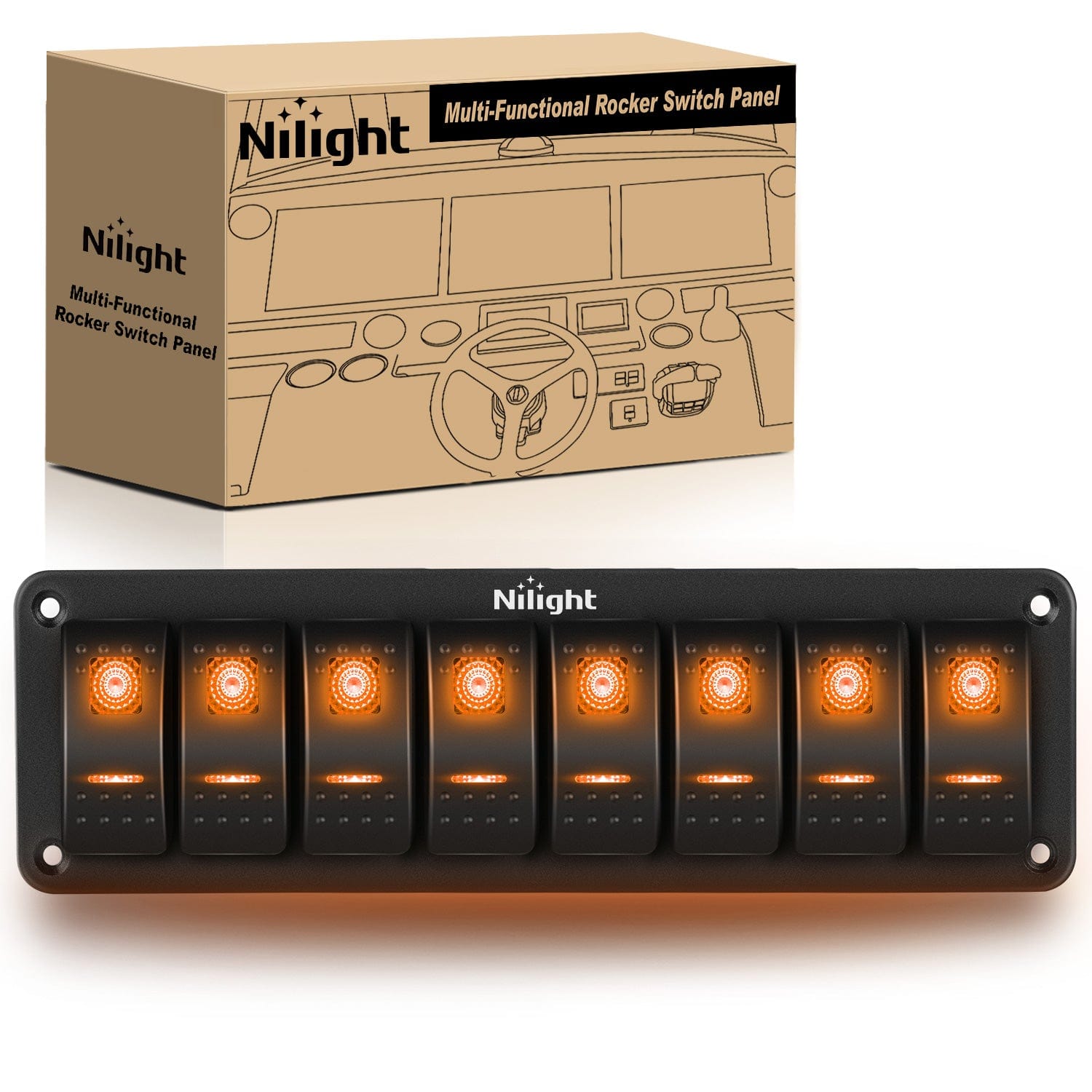 8 Gang Aluminum 5 Pin ON/Off Rocker Switch Panel with Orange LED - Perfect for Marine, RV, Truck & Automotive Electrical Control Systems