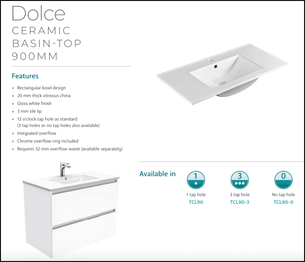 Fienza Dolce TCL90JL 900mm White Ceramic Wall-Mounted Bathroom Vanity with Handles & Single Tap Hole - Left-Hand Drawers for Modern Home Bathroom Renovation