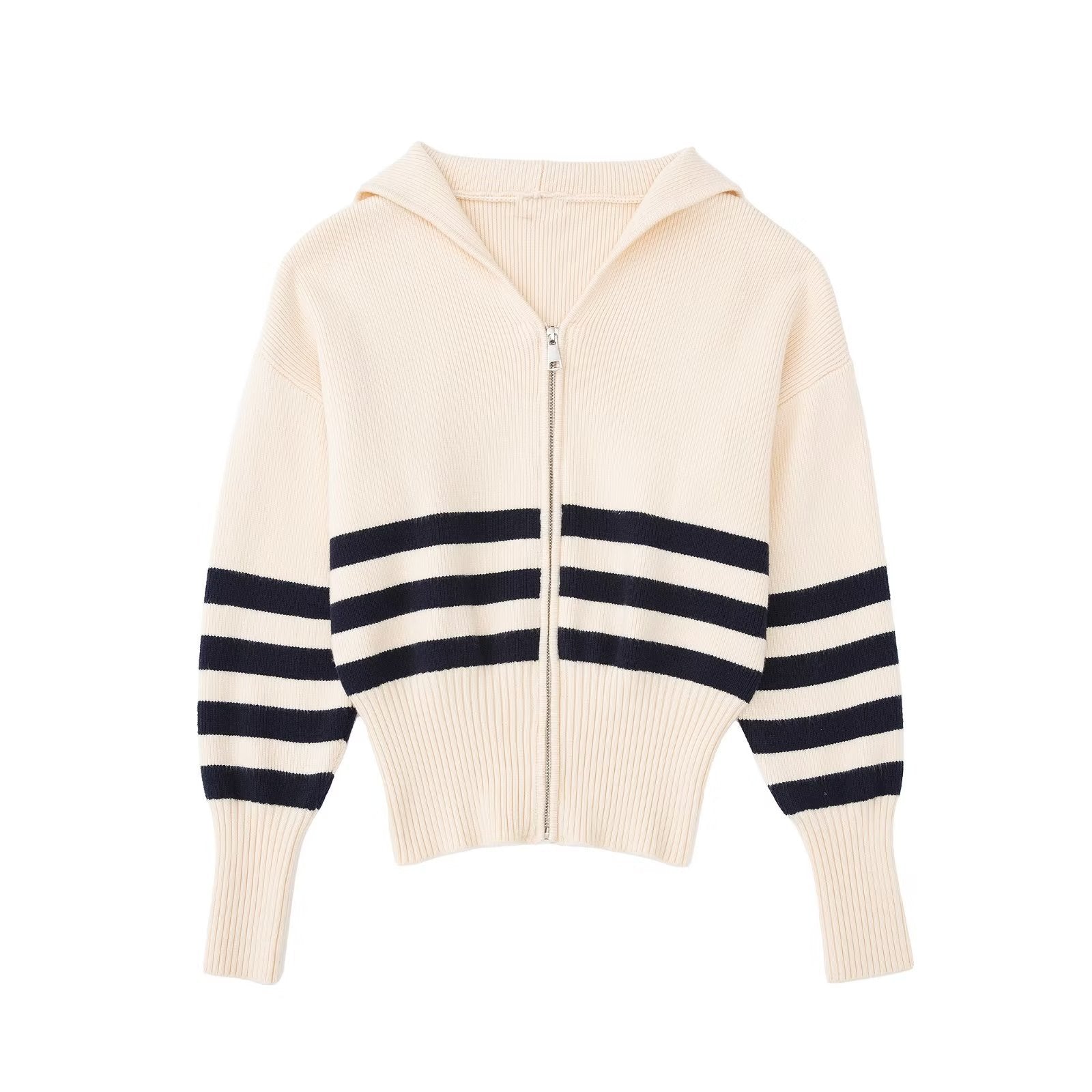 Women's Striped Knitted Jacket with Zipper Lapel - Cozy Autumn Winter Sweater 1483 | Perfect for Casual Outfits, Office Wear & Outdoor Activities