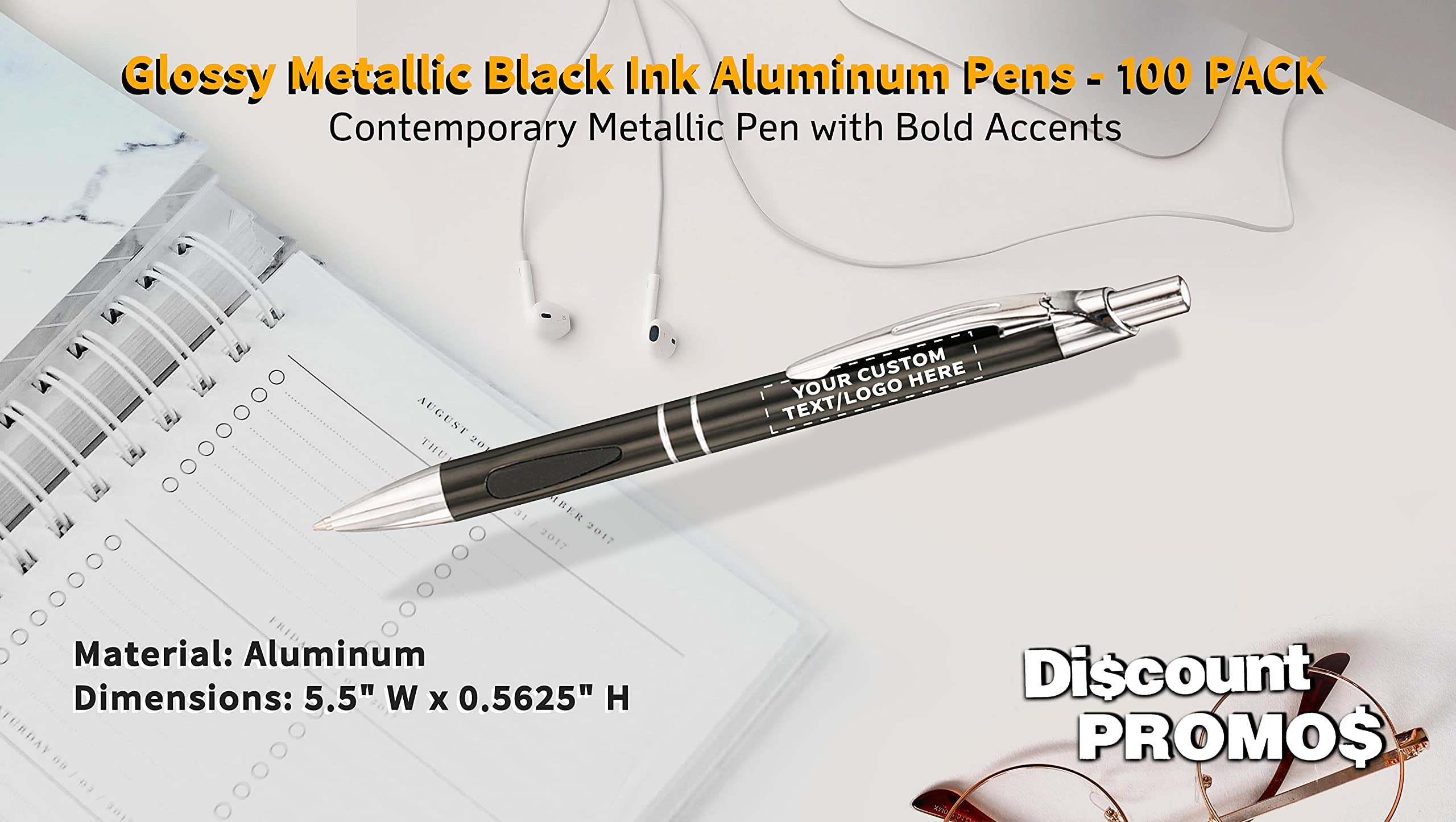 100 Pack Black Ink Metal Pens with Custom Text & Logo - Retractable Ballpoint Pens with Silver Accents - Premium Office & Business Writing Pens for Corporate Gifts, Promotions & Everyday Use