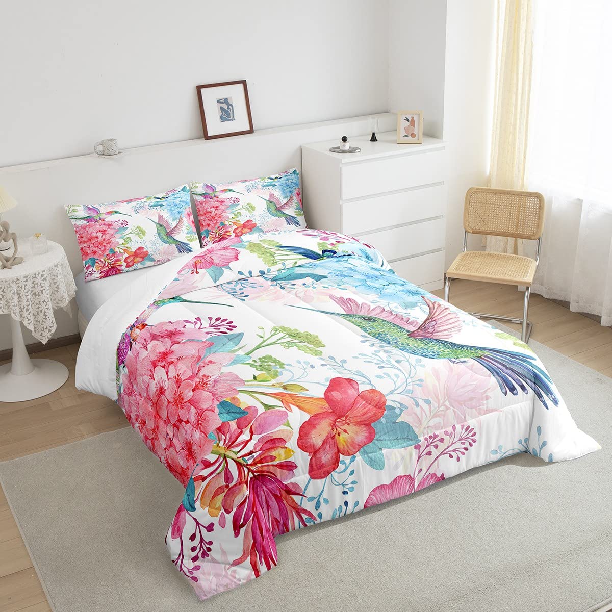 Feelyou Hummingbird Comforter Set - Tropical Birds & Blossoming Iris Flowers Duvet Cover, Pink Bedding for Kids Boys Girls, King Size - Perfect for Nursery, Bedroom Decor & Gift
