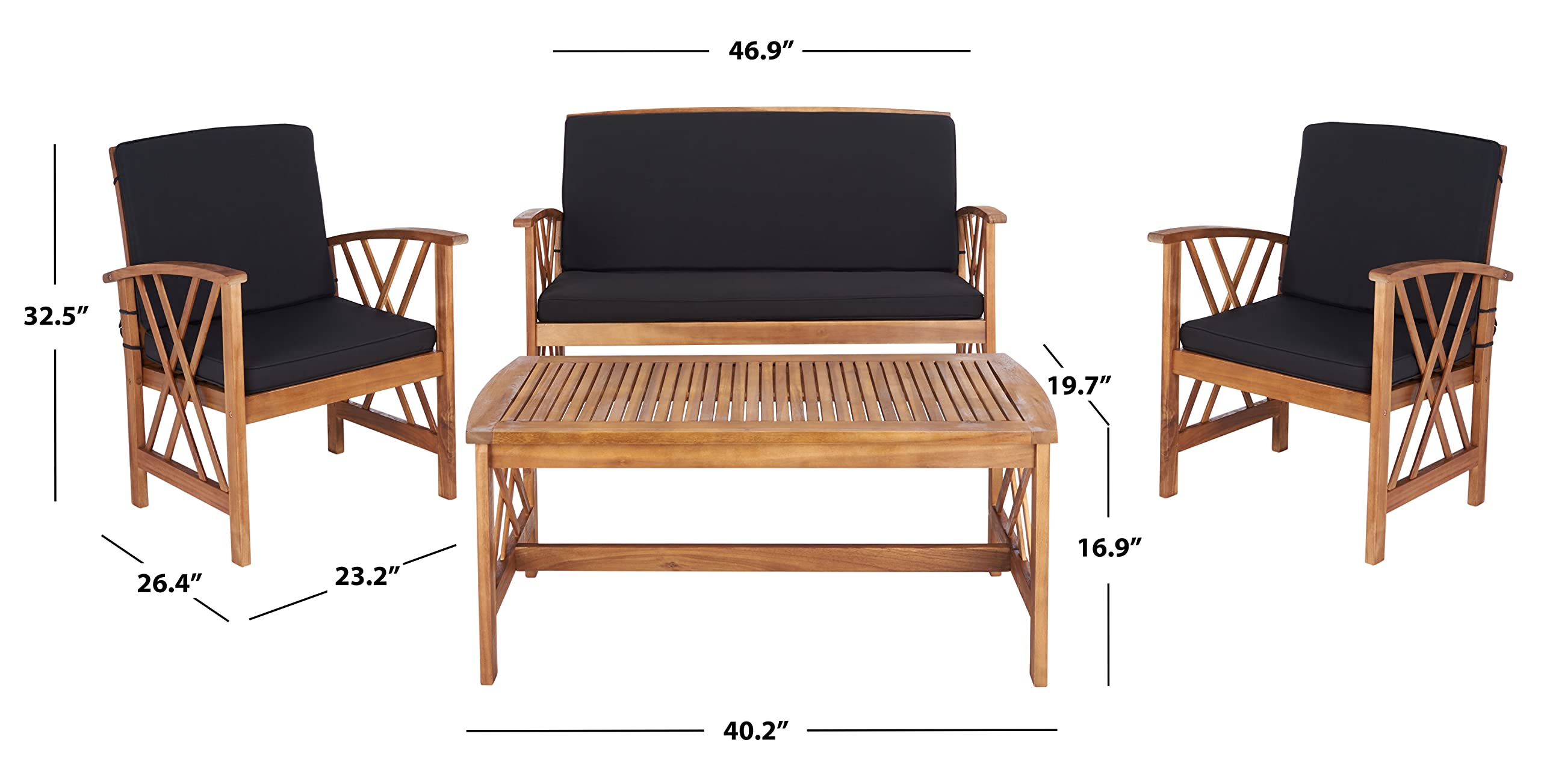 SAFAVIEH Outdoor Collection Fontana Natural/Black 4-Piece Patio Conversation Set - Water-Resistant Cushions for Backyard, Garden & Poolside Relaxation