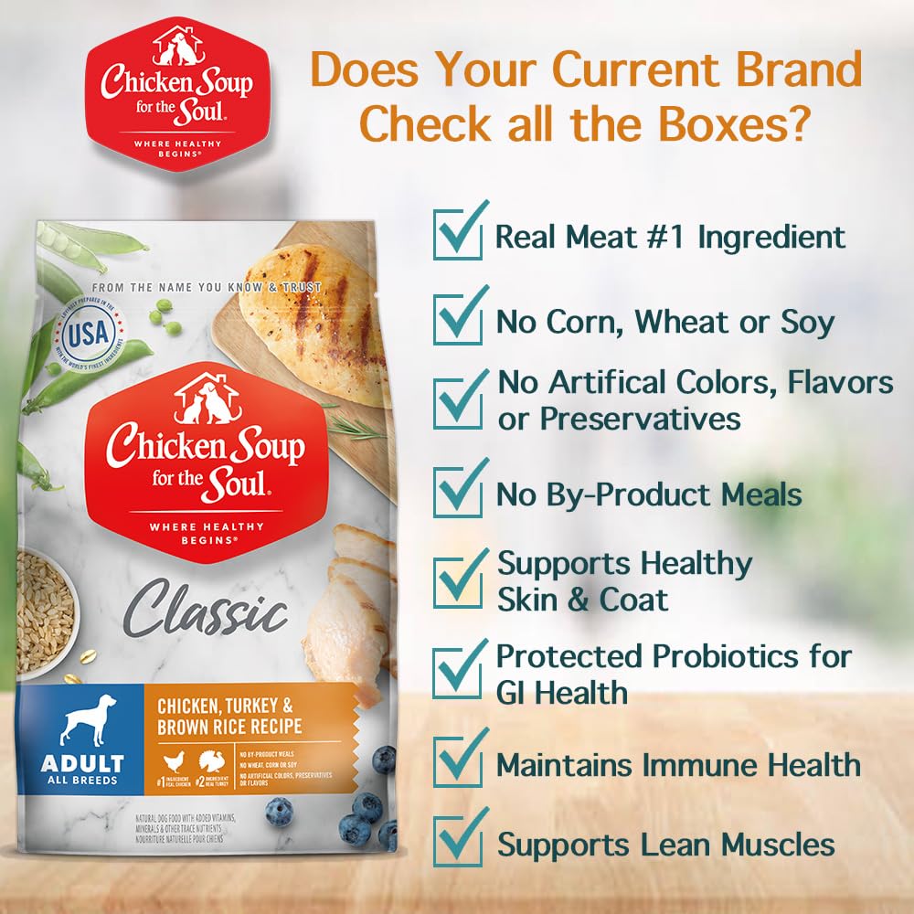 Chicken Soup for the Soul Classic Dry Adult Dog Food - Chicken, Turkey & Brown Rice Recipe (4.5 lb) | Soy Free, Corn Free, Wheat Free | Made with Real Ingredients | Perfect for Daily Meals & Training Treats