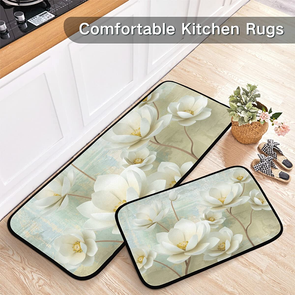 Non-Slip Washable 2-Piece Magnolia Flower Buds Kitchen Rug Set - Anti-Skid Floor Mats for Sink, Laundry & Home Decor | Perfect for Kitchen Runner, Entryway & High-Traffic Areas