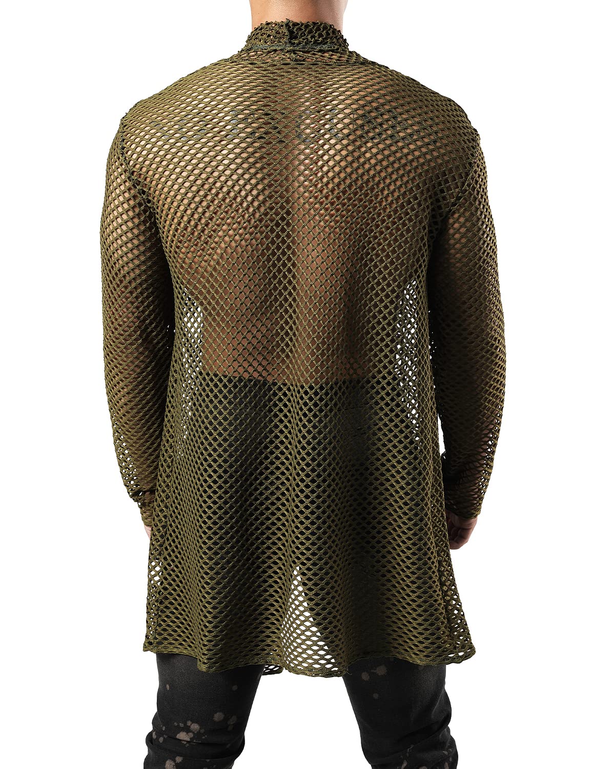 JOGAL Men's Mesh Fishnet Cardigan Fitted Muscle Top - Breathable Slim Fit Open Knit Sweater for Gym, Club & Streetwear Fashion
