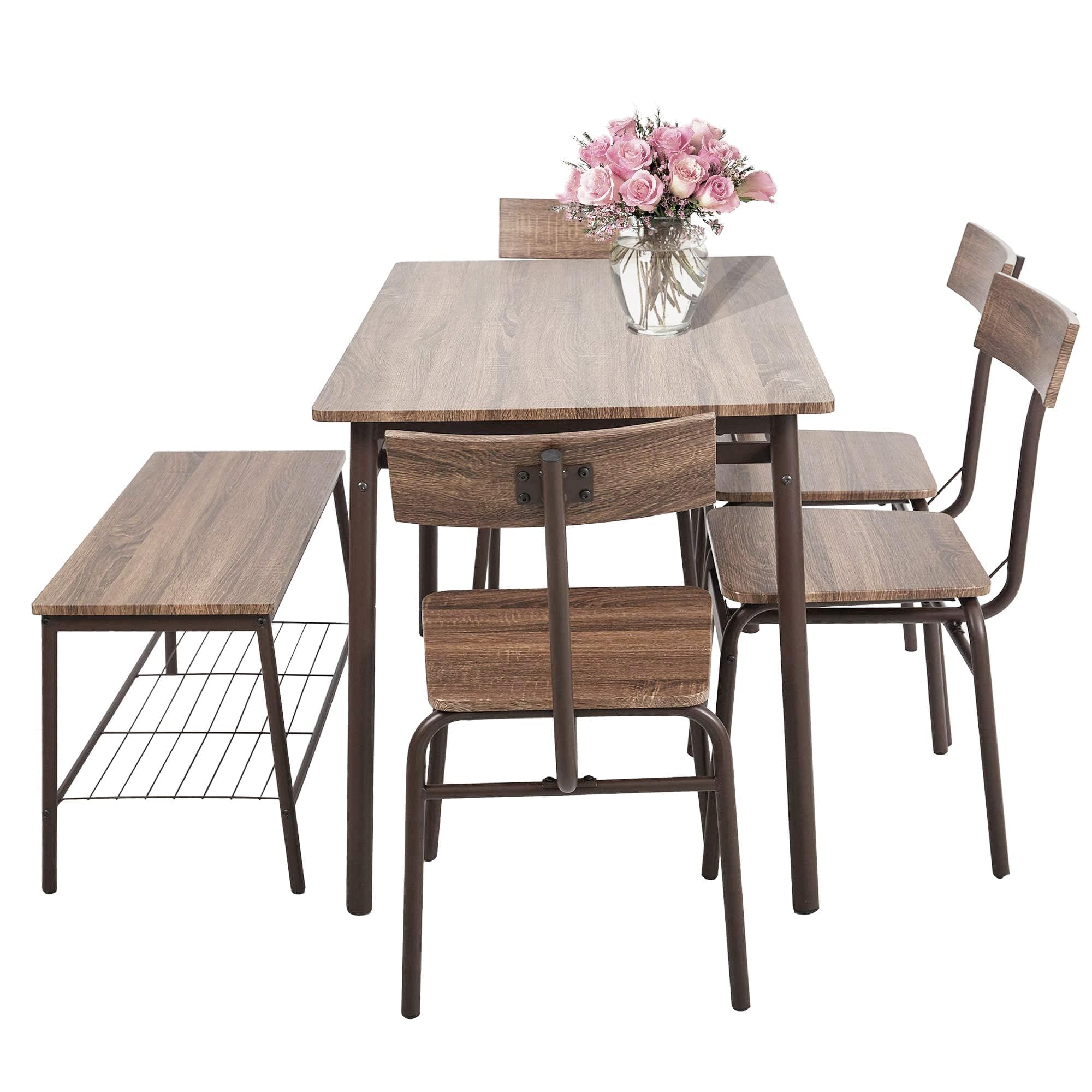 LUCKYERMORE 6-Piece Wooden Dining Set with Bench & 5 Chairs - Compact Kitchen Table with Metal Legs for Small Spaces | Perfect for Breakfast Nooks, Apartments & Cozy Family Meals