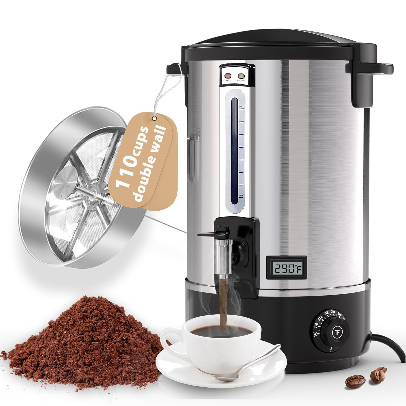 Commercial Grade 16.5L (110 Cups) Stainless Steel Electric Coffee Urn - Double Wall Insulated Large Coffee Dispenser for Catering, Events & Restaurants - Percolator Coffee Maker & Hot Water Dispenser for Parties, Weddings & Office Use