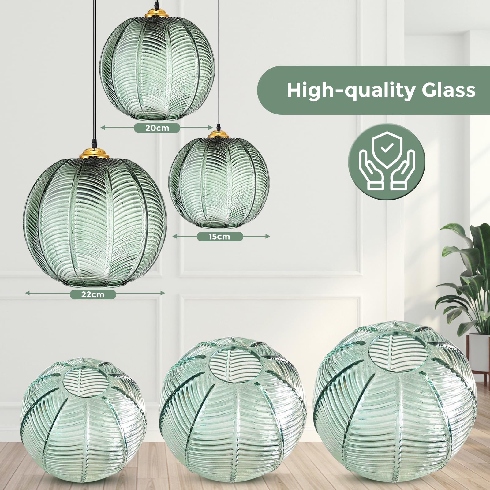 GXF 3 in 1 Green Glass Pendant Light Fixtures - E26 E27 Large Glass Chandelier with Ribbed Blown Glass Globe Shade - Mid Century Modern Hanging Ceiling Light for Living Room, Restaurant, Bar & Cafe Lighting Decor