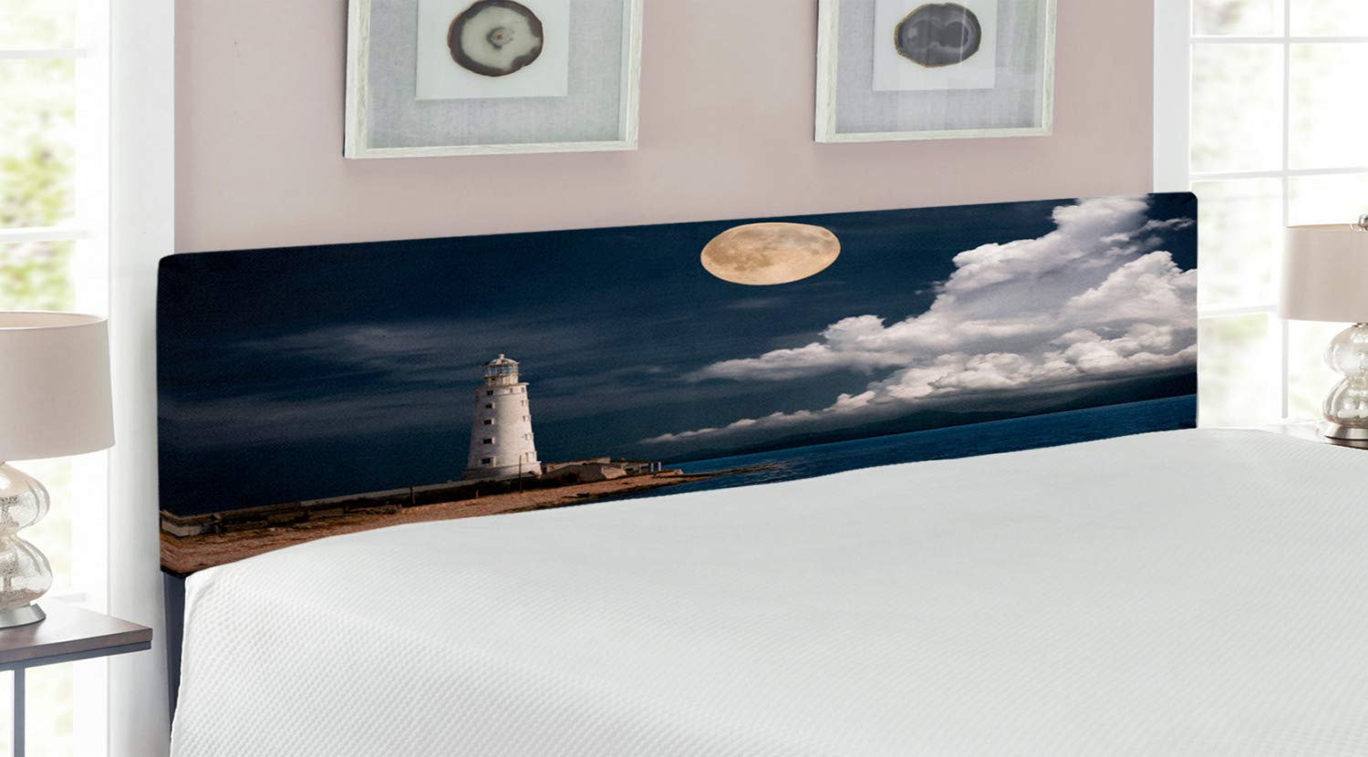 Ambesonne Lighthouse Headboard - King Size Upholstered Decorative Metal Bed Frame with Memory Foam | Coastal Lighthouse Moonlight Island Design with Clouds & Seaside Waterfront Night Scene | Perfect for Beach House, Coastal Bedroom or Nautical Theme Decor