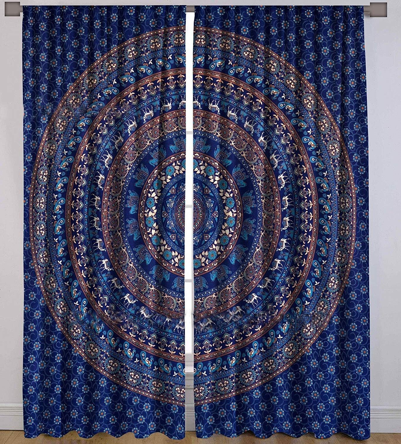 Indian Mandala Cotton Window Curtains - Elephant Printed Door Drapes & Hippie Room Decor for Bedroom, Balcony, Kids Room Divider - Boho Tapestry Wall Hanging for Meditation Spaces & Yoga Studios