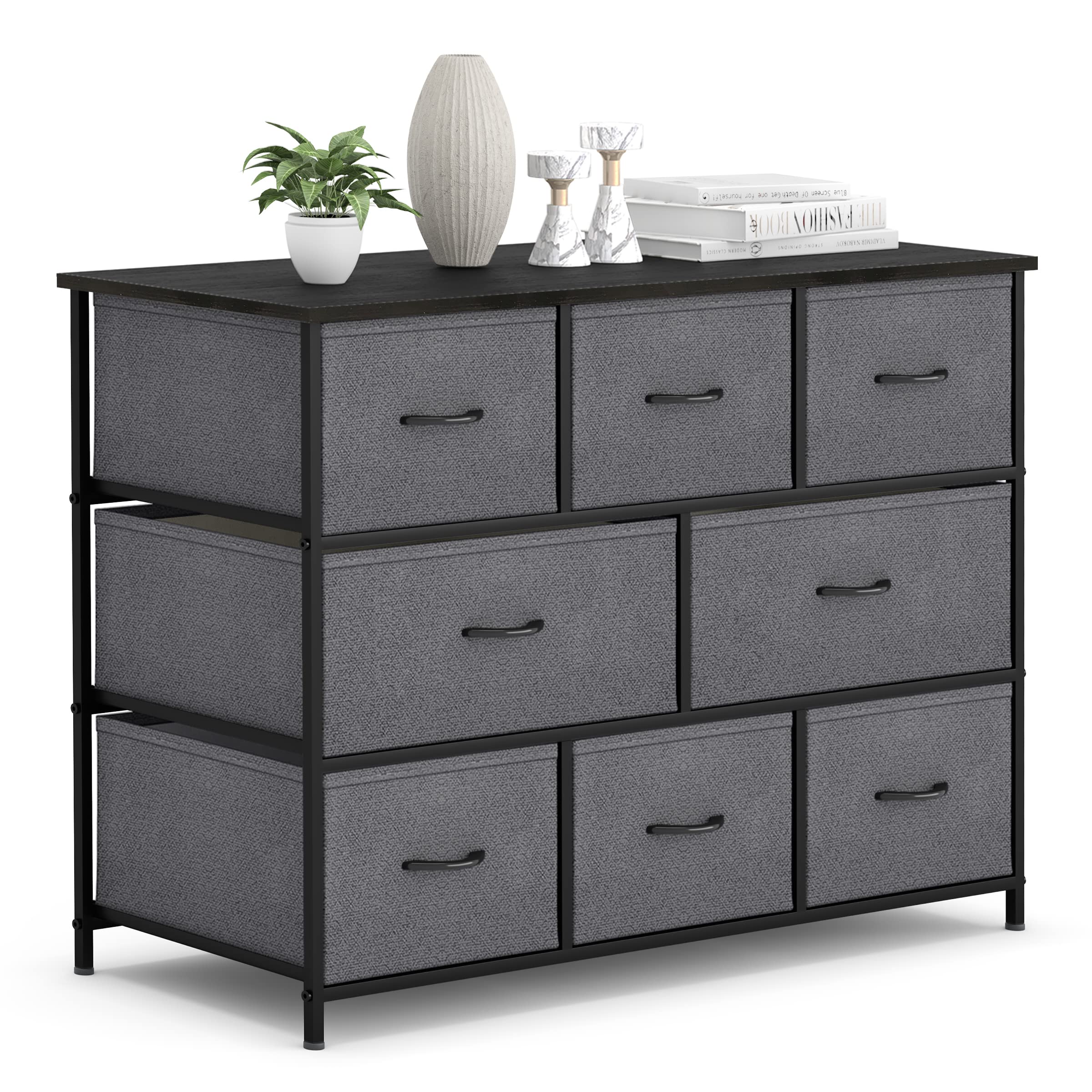 8-Drawer Fabric Storage Organizer with Wood Top - Heavy Duty Steel Frame Clothes Dresser for Bedroom, Closet, Hallway & Entryway - Perfect for Organizing Clothes, Toys & Home Essentials (Gray)