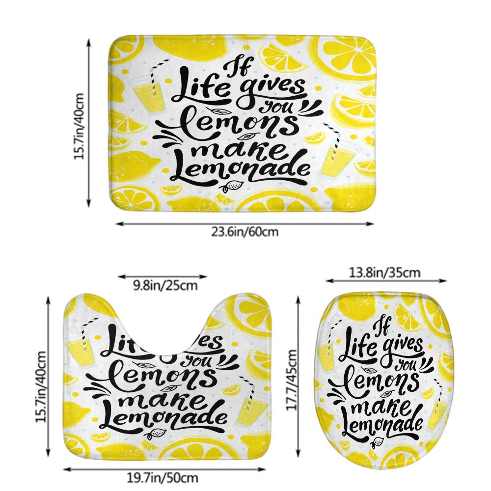 Motivational Quote Bath Mat Set - 3 Piece Non-Slip Bathroom Rug with Toilet Lid Cover (Yellow, White, Black) - 'When Life Gives You Lemons Make Lemonade' - Perfect for Bathroom Decor, Housewarming Gifts & Spa Retreats