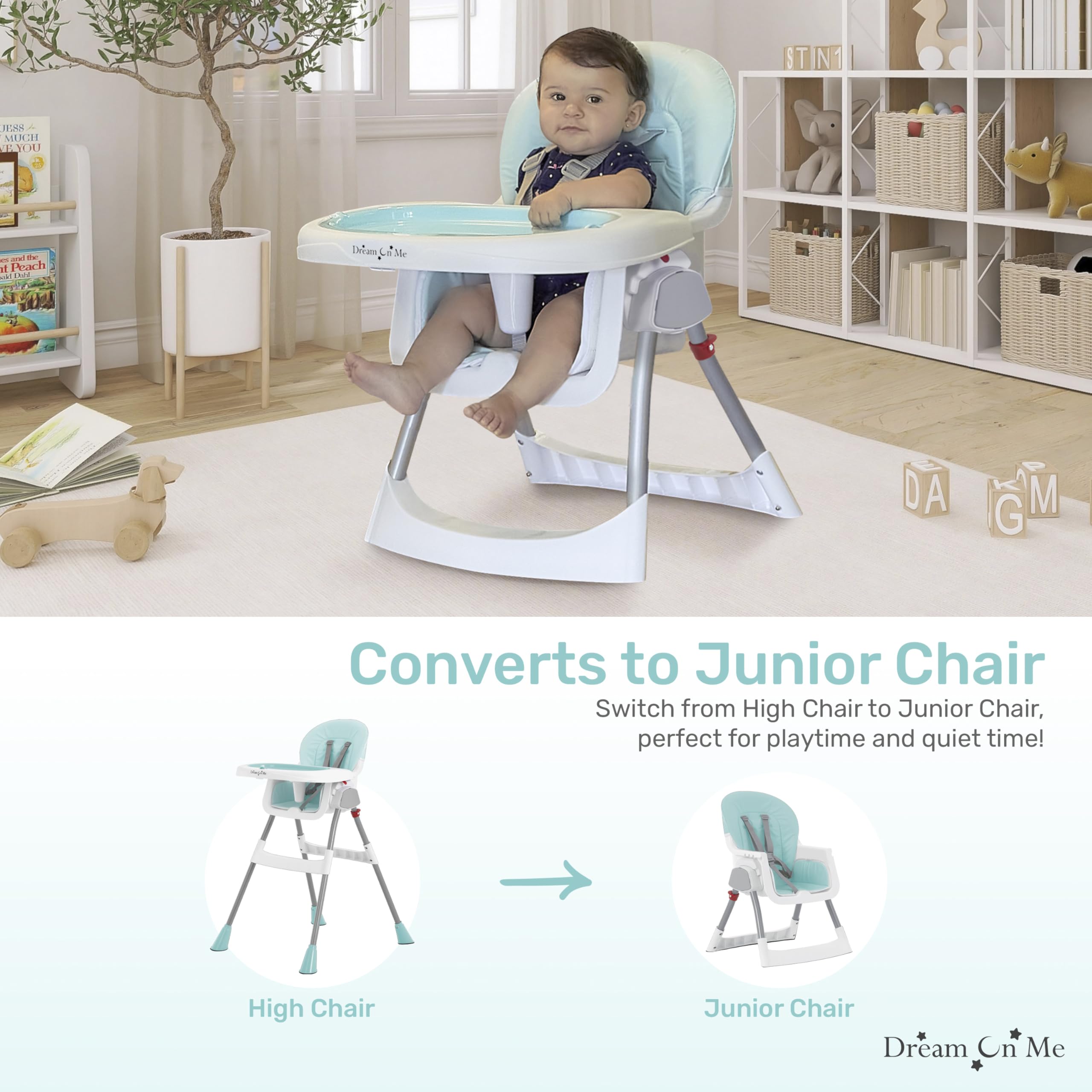 Dream On Me 2-in-1 Portable High Chair with Adjustable Height - Aqua Baby Dining Chair with Removable Tray | Lightweight & Easy Clean for Home, Travel & Outdoor Use