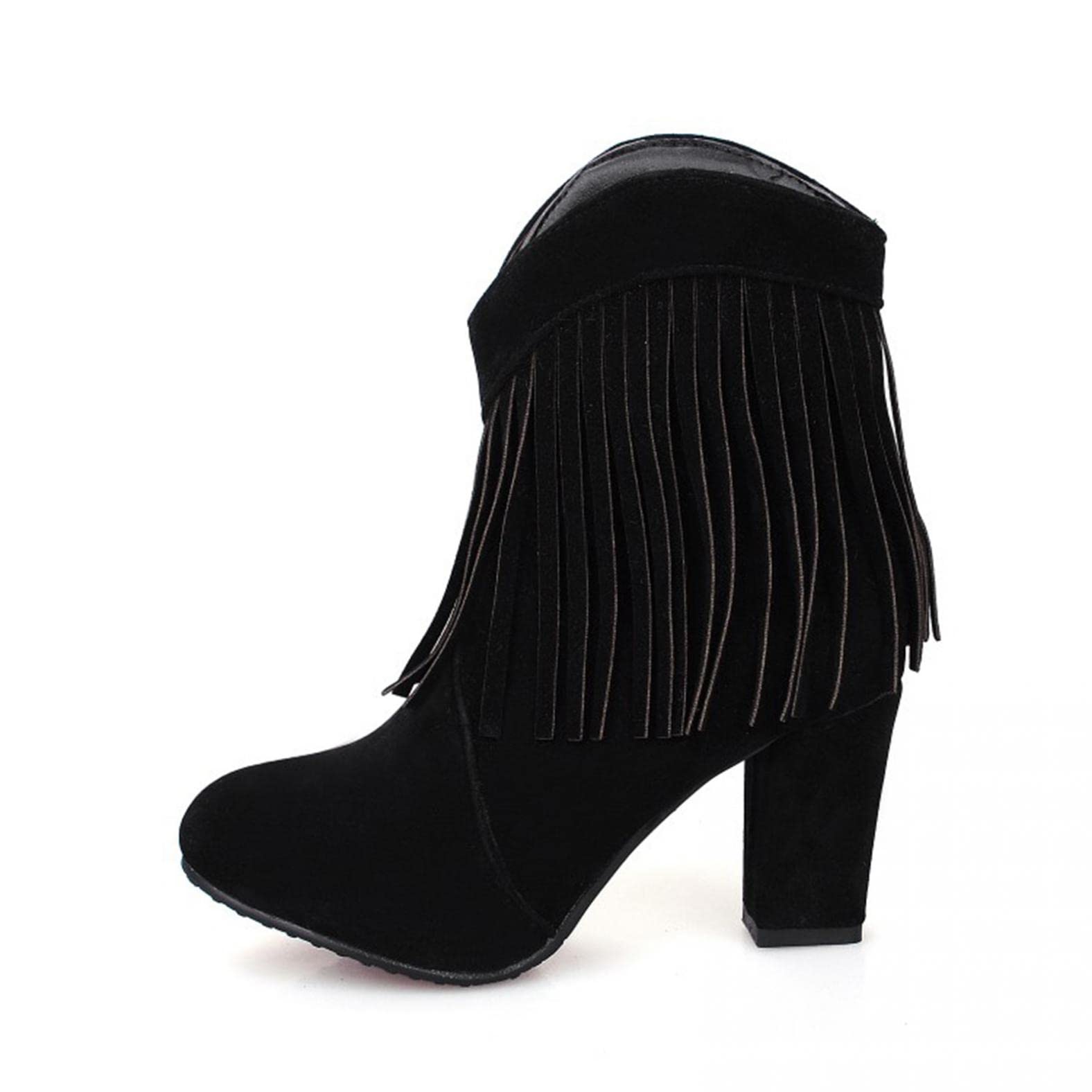 AODONG Women's Fringed Ankle Boots - Round Toe Buckle & Zipper Chunky Block Heel Short Booties - Perfect for Casual Outfits, Parties & Fall Fashion