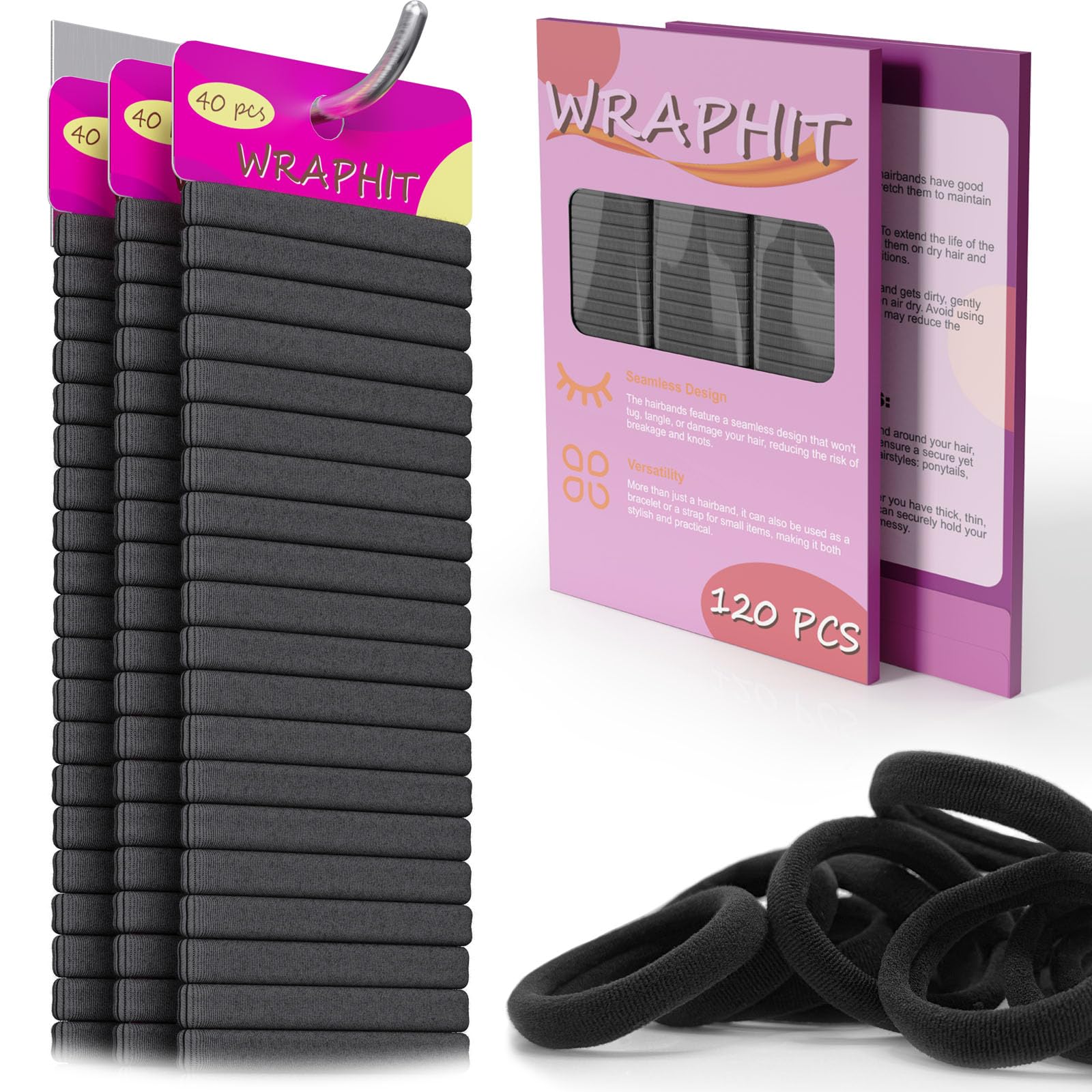 120pc Black Elastic Hair Ties - Soft & Durable No Damage Ponytail Holders for Thick, Curly & Fine Hair - Perfect for Women & Girls - Great for Daily Use, Workouts, Yoga & Gift Giving
