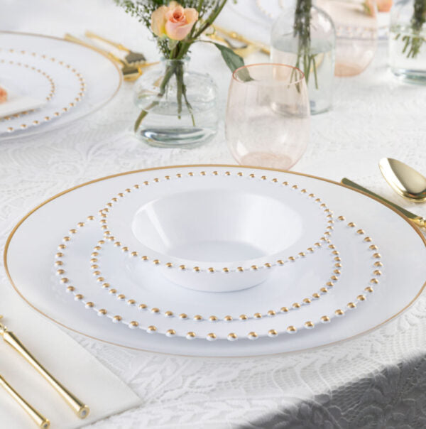 12 oz. White and Gold Round Soup Bowls with Beaded Rim - Set of 10 - Elegant Dinnerware for Soup, Salad, Pasta & Dessert - Perfect for Restaurants, Catering & Home Dining