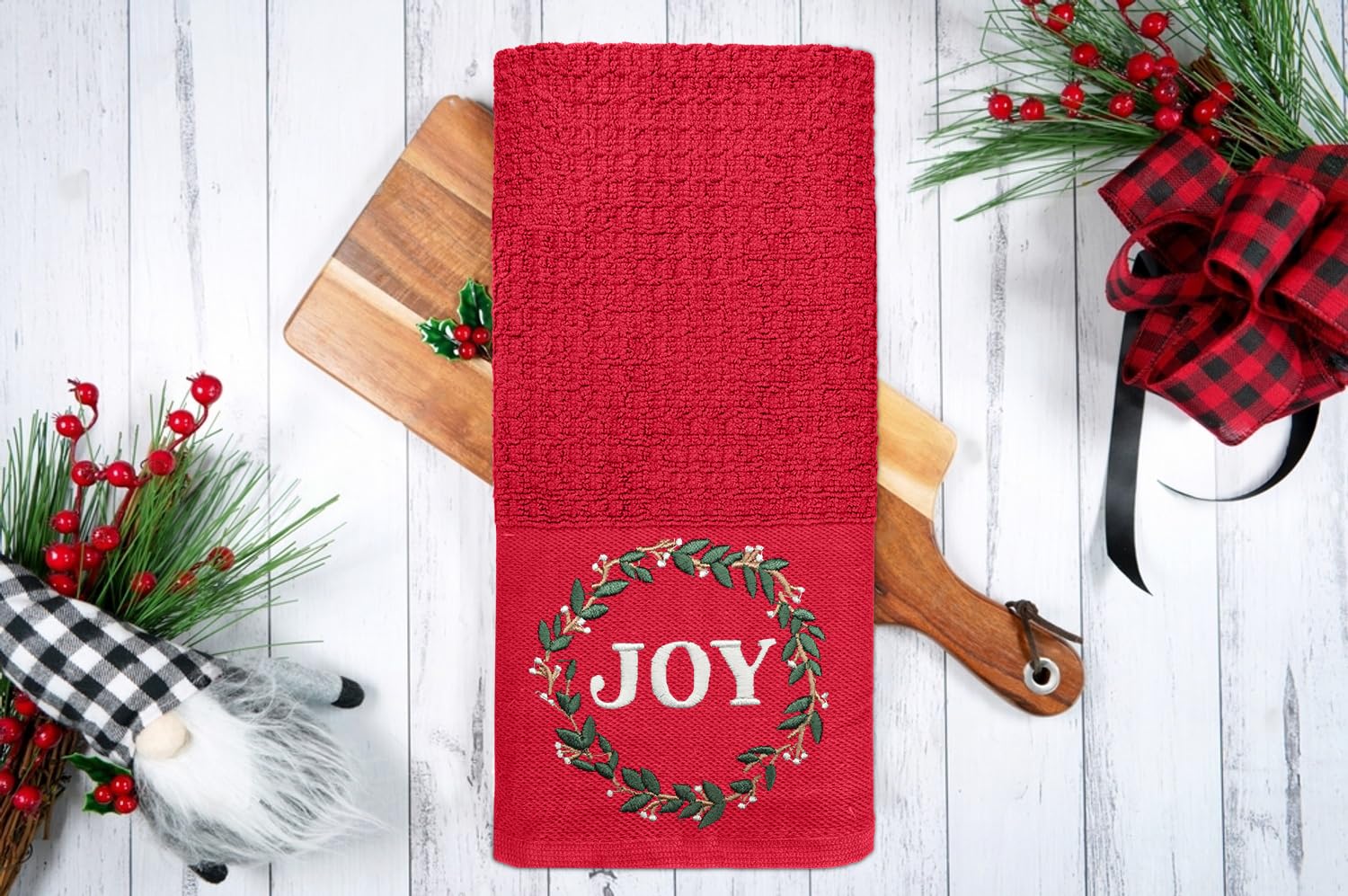DAN RIVER Cotton Embroidered Kitchen Towels – Decorative Holiday Dish Towels Set, Perfect for Kitchen, Gifts, and Festive Decor (Pack of 2, Red & Green) – Ideal for Christmas, Thanksgiving, and Everyday Use