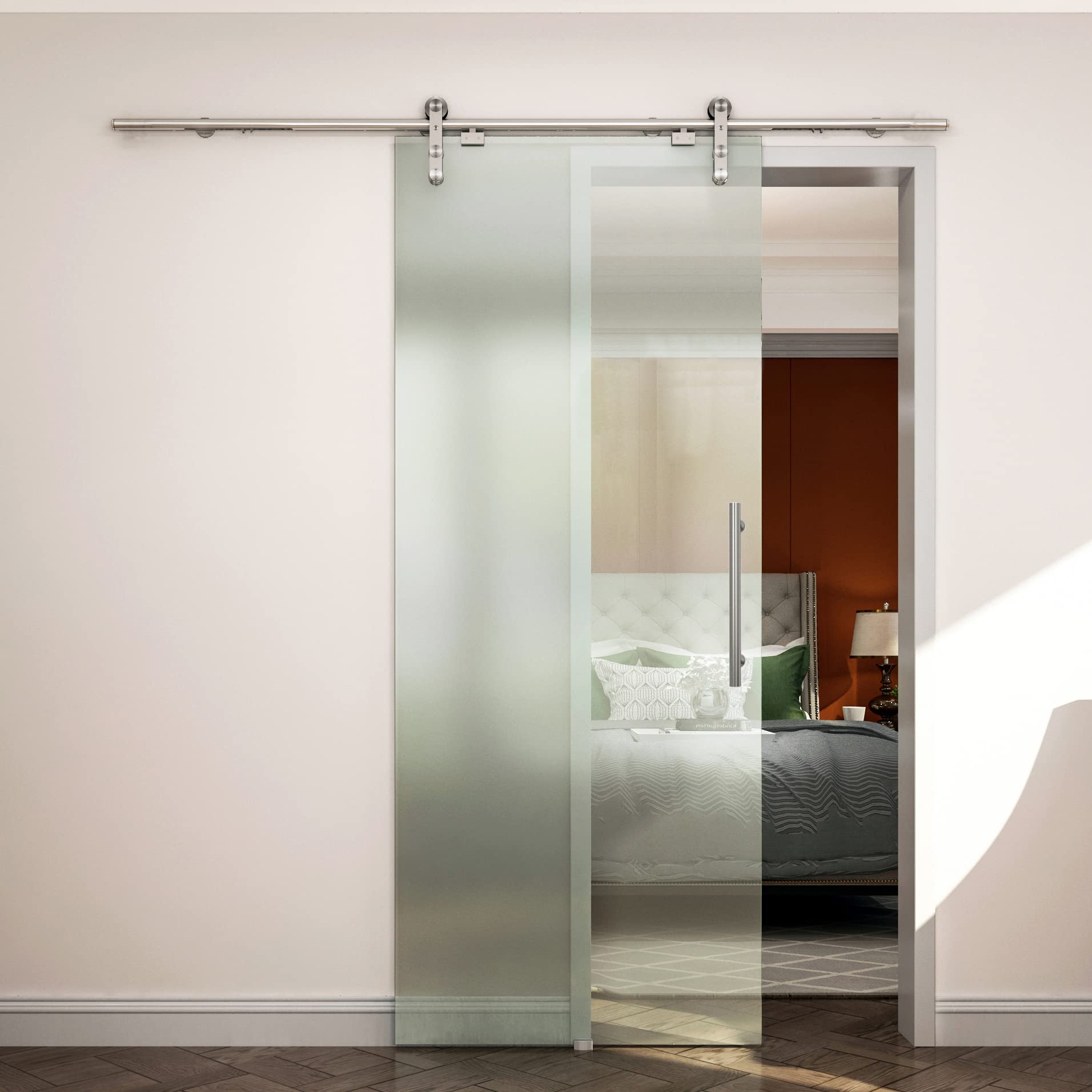 5FT Stainless Steel Soft Close Glass Barn Door Hardware Kit - Two-Sided Soft Close Mechanism with Glass Handle for Office, Home, and Commercial Sliding Doors | DIYHD