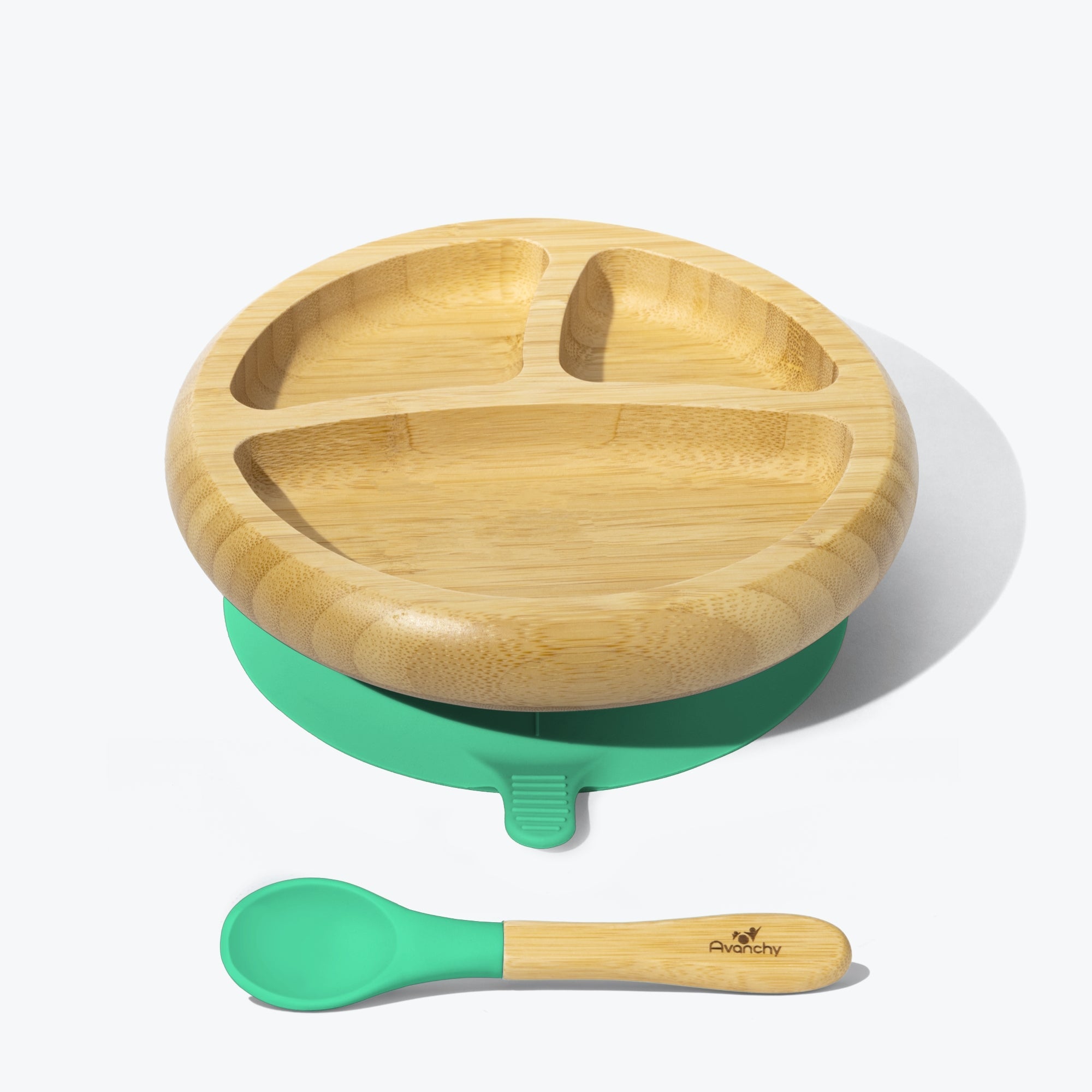 Avanchy Eco-Friendly Bamboo Suction Baby Plate with Spoon - Green | Non-Slip Toddler Feeding Set for Mess-Free Mealtime at Home or Travel