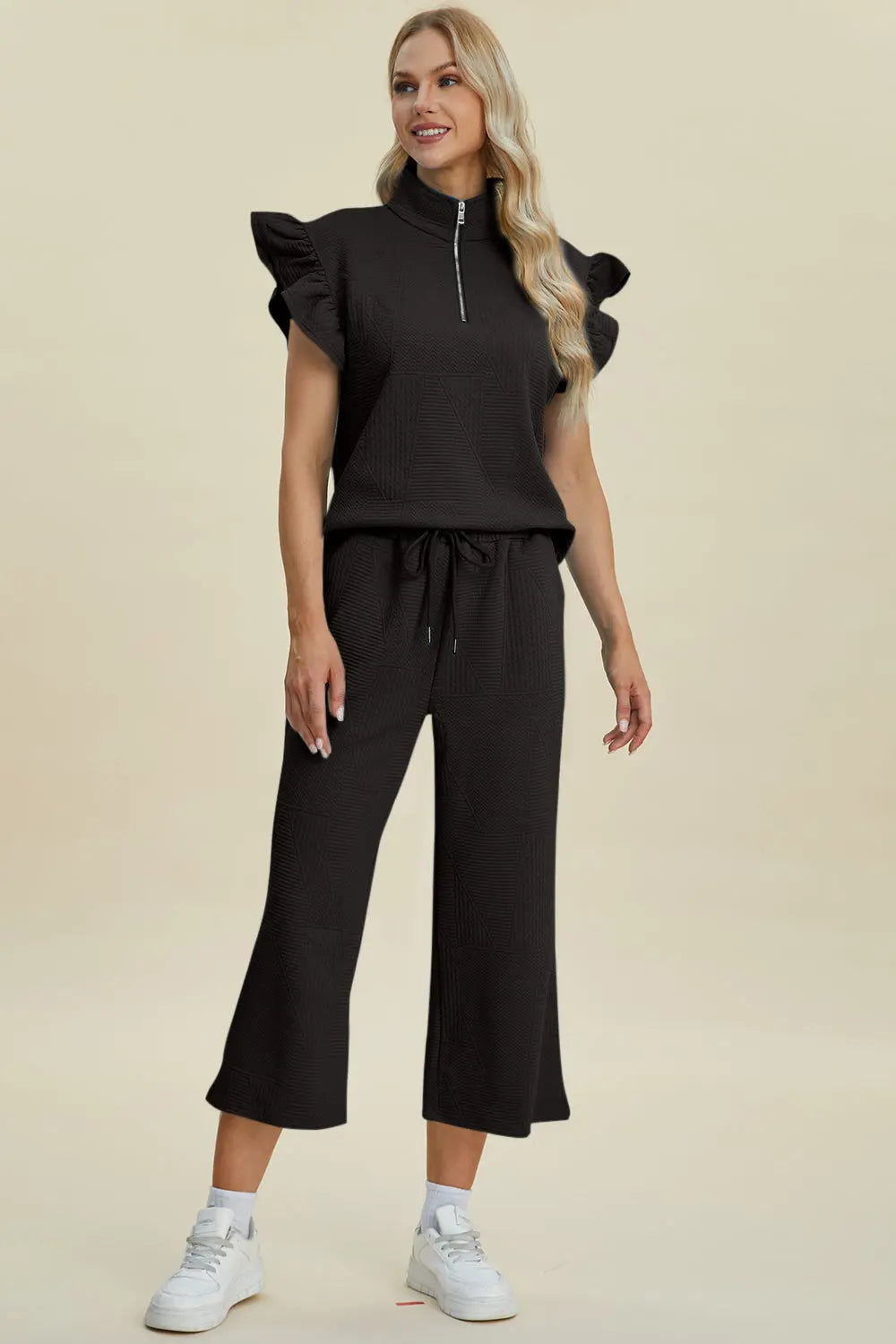 Double Take Women's Full Size Textured Ruffle Short Sleeve Top & Wide Leg Pants Set | Casual Outfit for Summer, Beach, Date Night & Office Wear