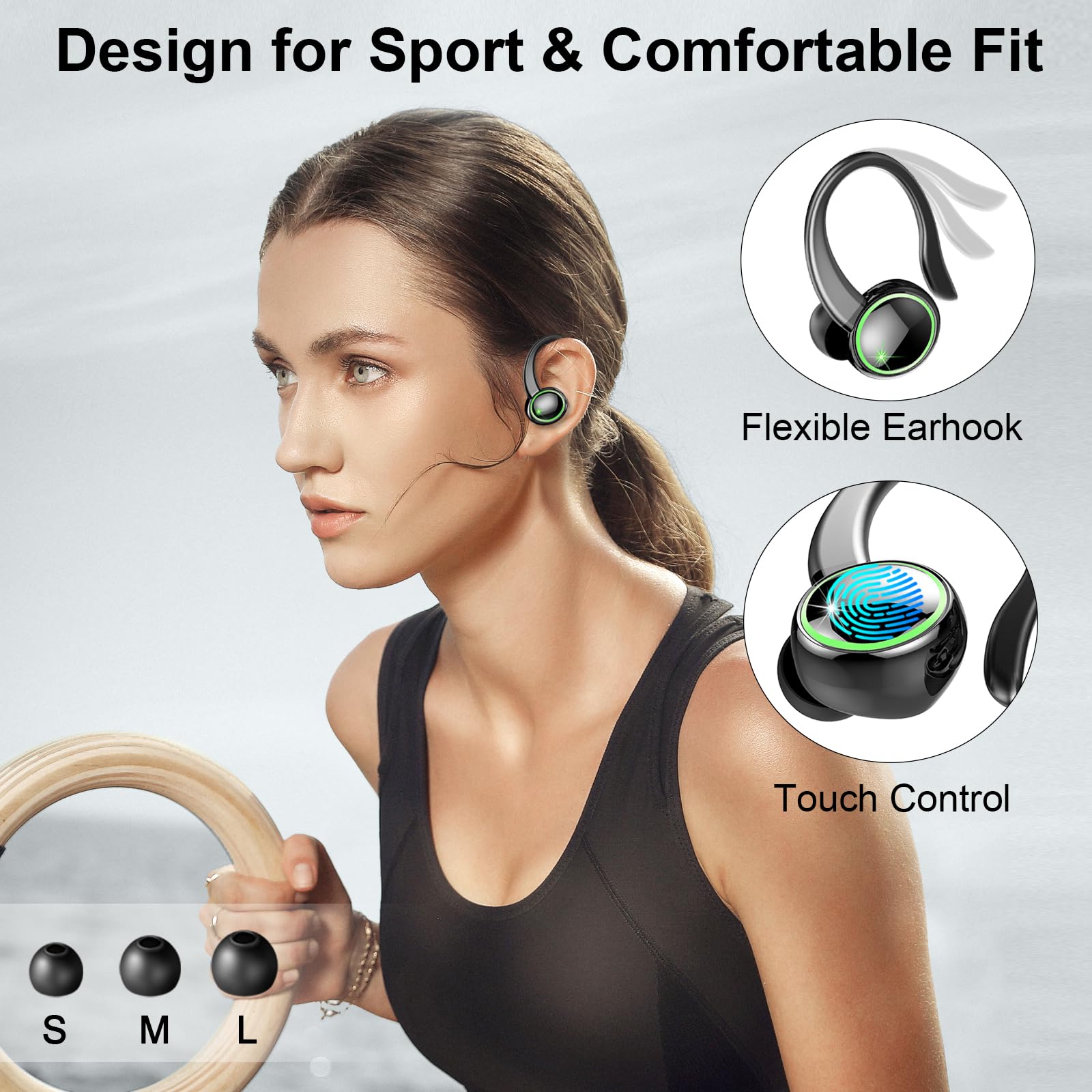 Wireless Bluetooth 5.4 Earbuds with 50H Playtime, 4 ENC Noise Cancelling Mic & Deep Bass - IP7 Waterproof Sports Earphones with Earhooks for Gym, Running, Workout | Perfect for Fitness Enthusiasts & Active Lifestyles
