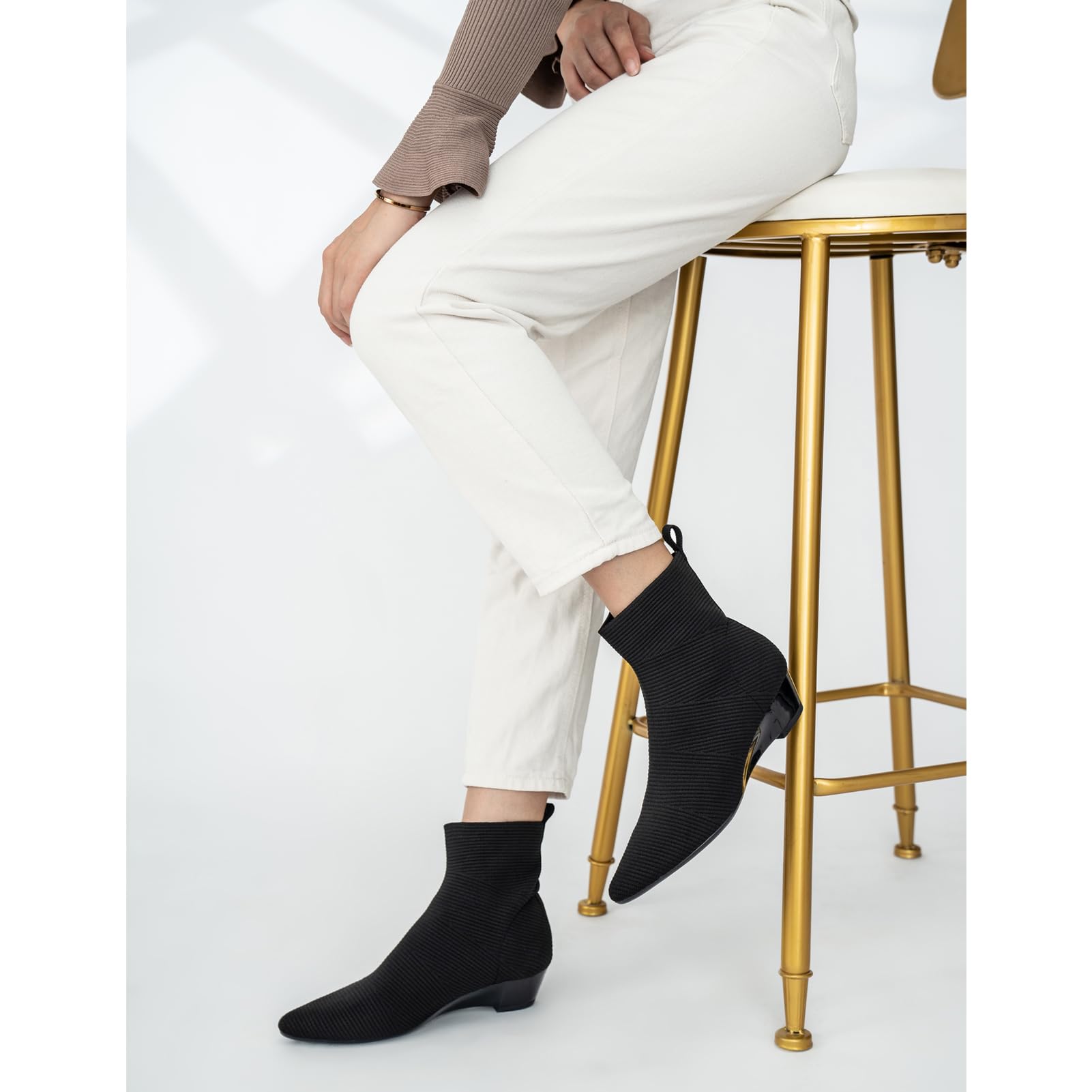 Youngshow Women's Comfortable Knitted Low Heel Ankle Booties - Pointed Toe Slip On Dress Shoes for Fall & Winter | Casual, Office & Party Wear