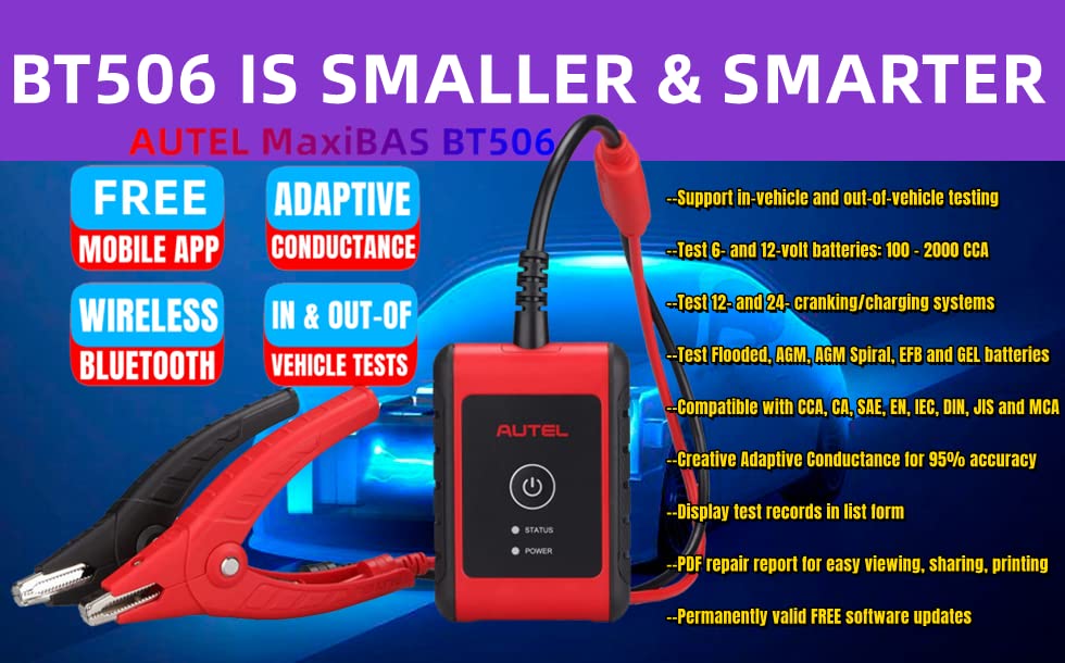 Autel MaxiBAS BT506 Bluetooth Battery Tester - Professional Automotive Battery Health Analyzer for Cold Cranking, Reserve Capacity & Electrical System Diagnosis | Compatible with iOS & Android via Free App | Works with BT508/BT608 | Perfect for Mechanics, DIY Car Maintenance & Fleet Management