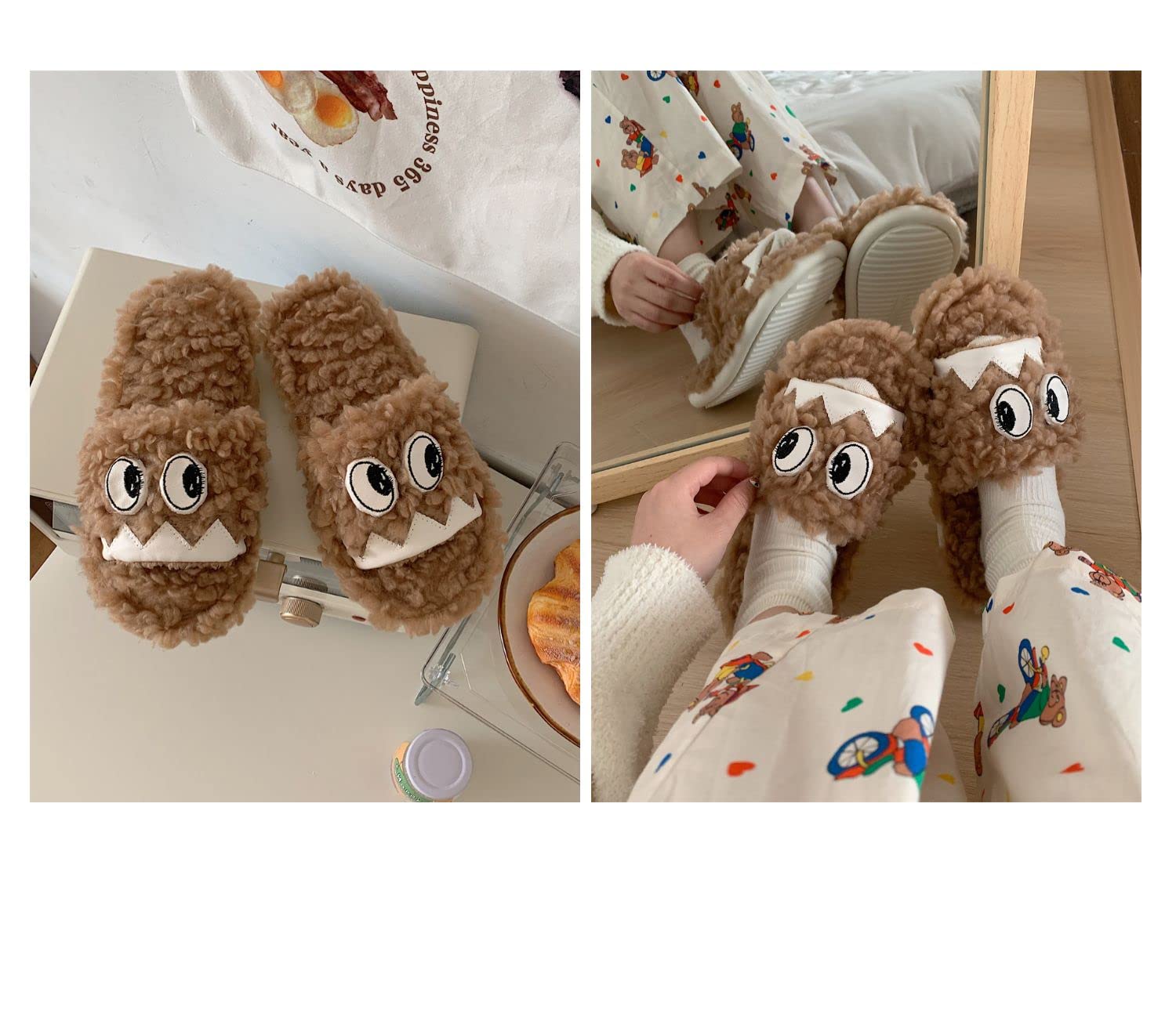 Funny Eyes Fuzzy Slippers for Women - Fluffy Kawaii House Slippers with Cute Design - Cozy Indoor Slippers for Home, Lounge & Gift Giving