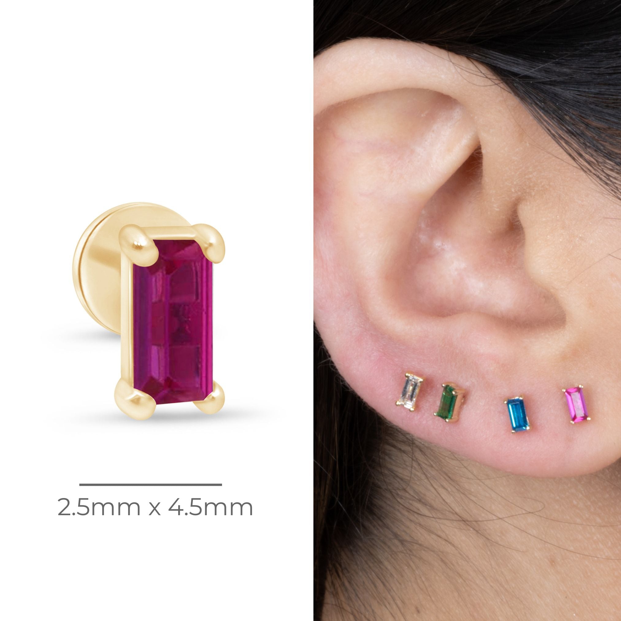 14k Solid Yellow Gold Ruby Baguette Flat Back Stud Earrings - Elegant & Timeless Jewelry for Women, Perfect for Parties, Weddings & Everyday Wear