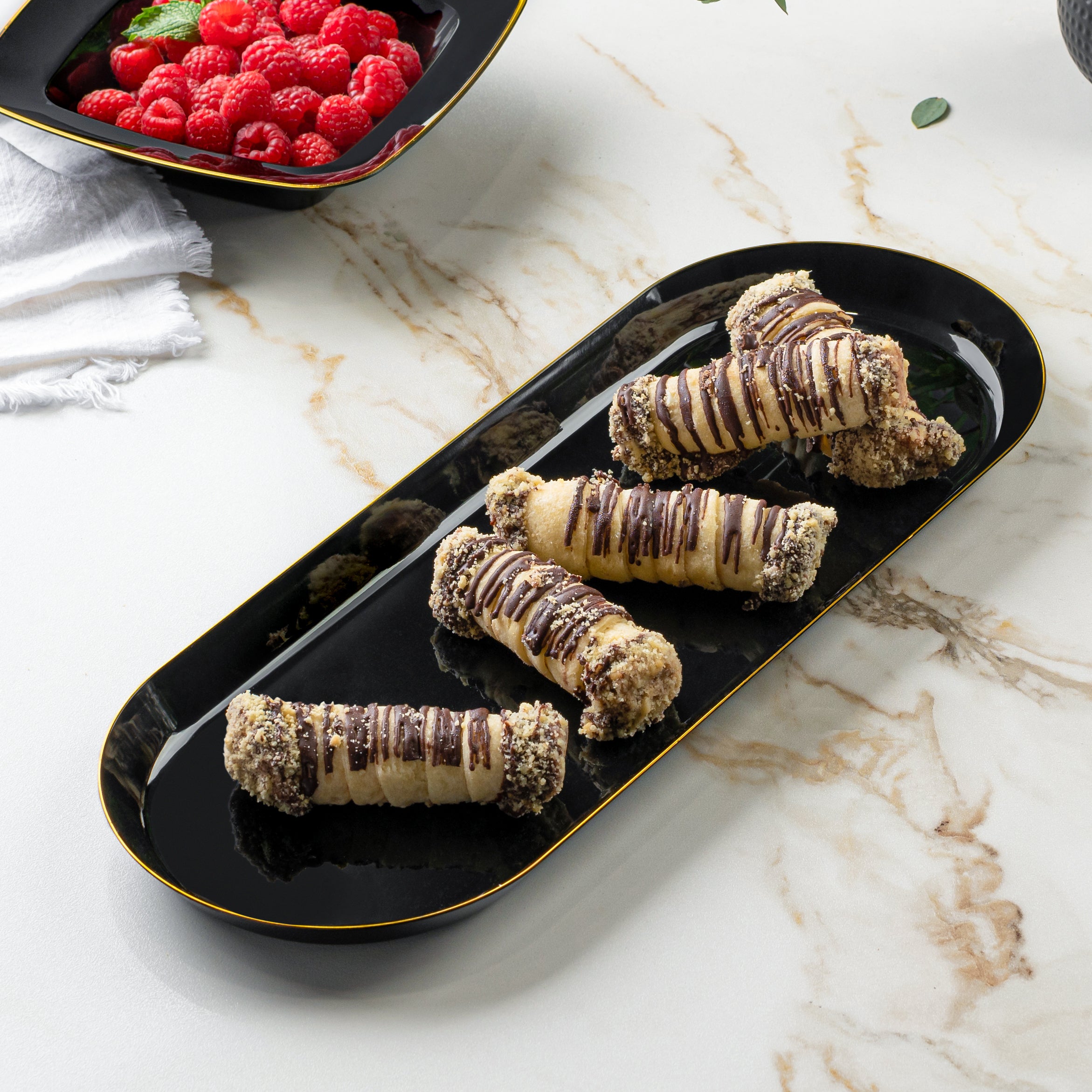 Elegant Black and Gold Rim Oval Serving Platter Set of 2 - Perfect for Dinner Parties, Holiday Entertaining & Buffet Style Serving
