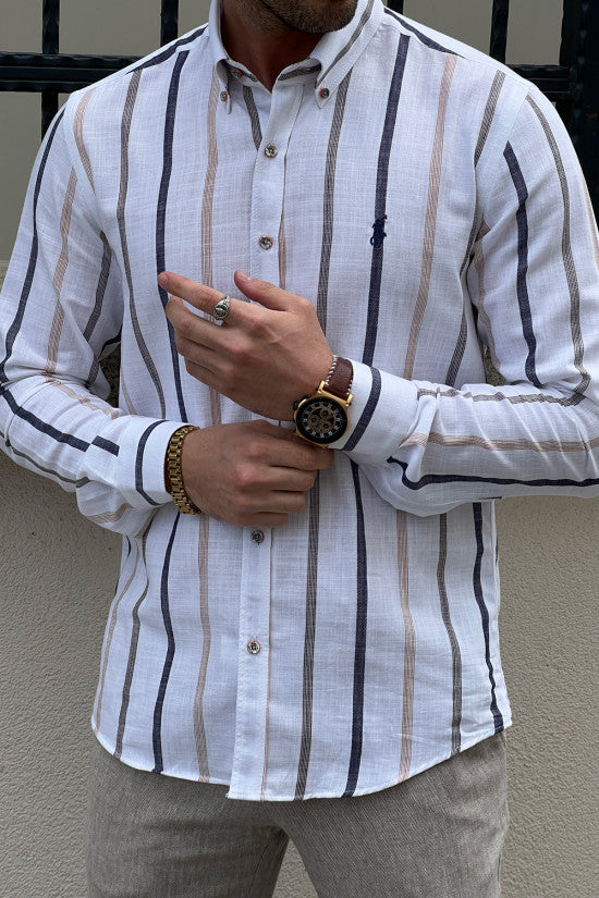 Slim Fit Striped Cotton Shirt for Men - White & Navy Blue - Breathable & Comfortable - Perfect for Casual Wear, Office & Business Meetings