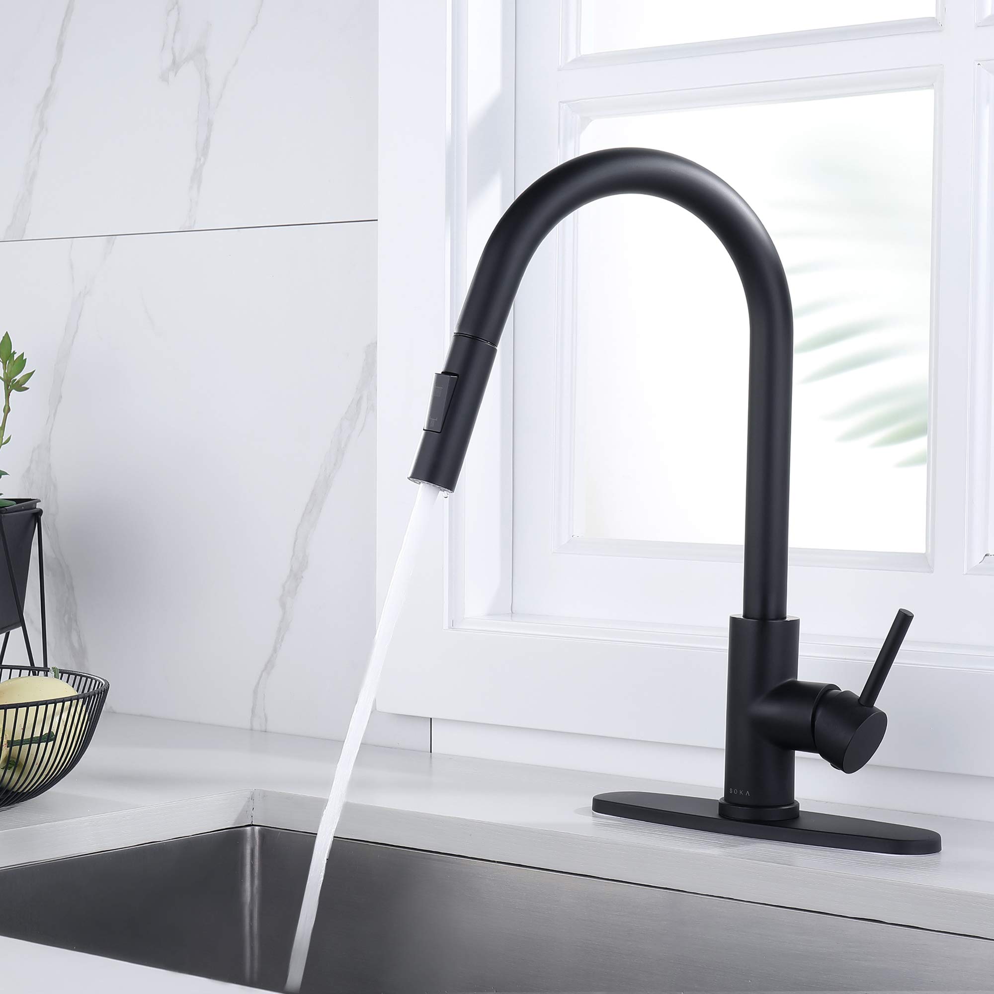 Commercial Kitchen Faucet with Pull Down Sprayer - Matte Black High Arc RV Touch Faucet for Kitchen Sink, Single Handle Travel Trailer, Fits 1 & 3 Hole with Deck Plate - Perfect for RV, Camper, Tiny Home & Mobile Kitchen Use