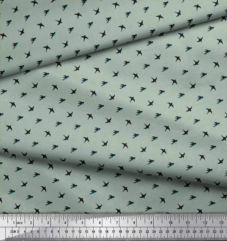 Soimoi Rayon Green Fabric by the Yard - 42 Inch Wide - Small Swallow Bird Print Floral Fabric for Dresses, Skirts, and DIY Sewing Projects