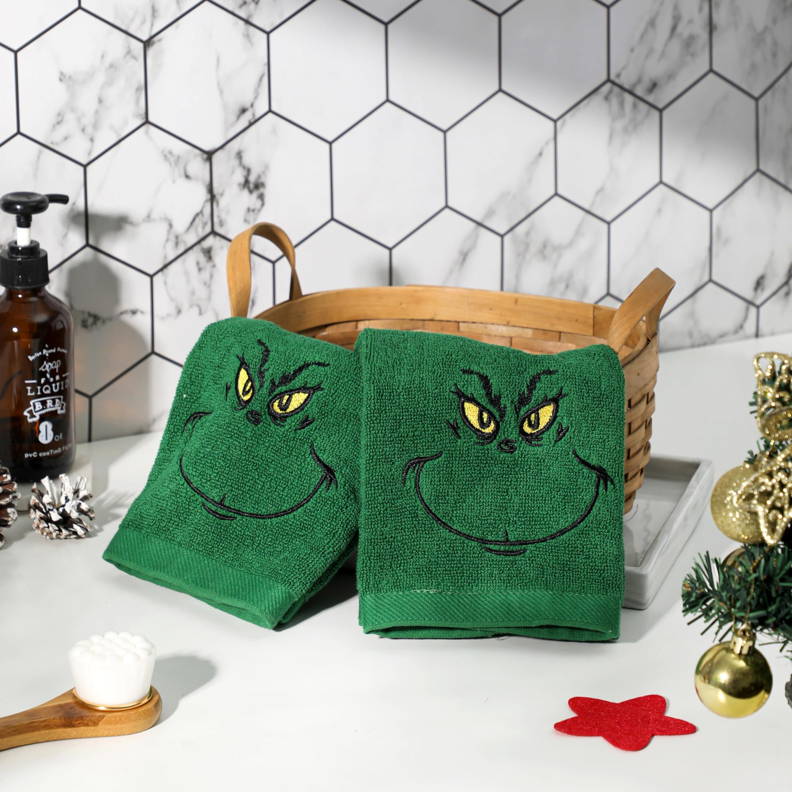 Premium Christmas Hand Towels Set of 2 - 100% Cotton Embroidered Grinch Design - 14x29 Inch Absorbent Kitchen & Bath Towels - Festive Holiday Decor & Gift Idea for Home, Parties, and Seasonal Decorations