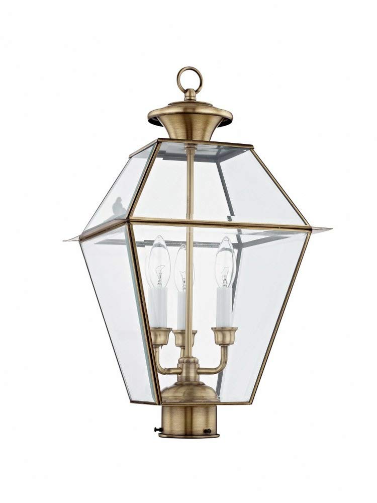 Livex Lighting Lantern 2384-01 Westover 3-Light Outdoor Post Head in Antique Brass - Weatherproof Exterior Light Fixture for Porch, Garden, Pathway & Driveway Lighting