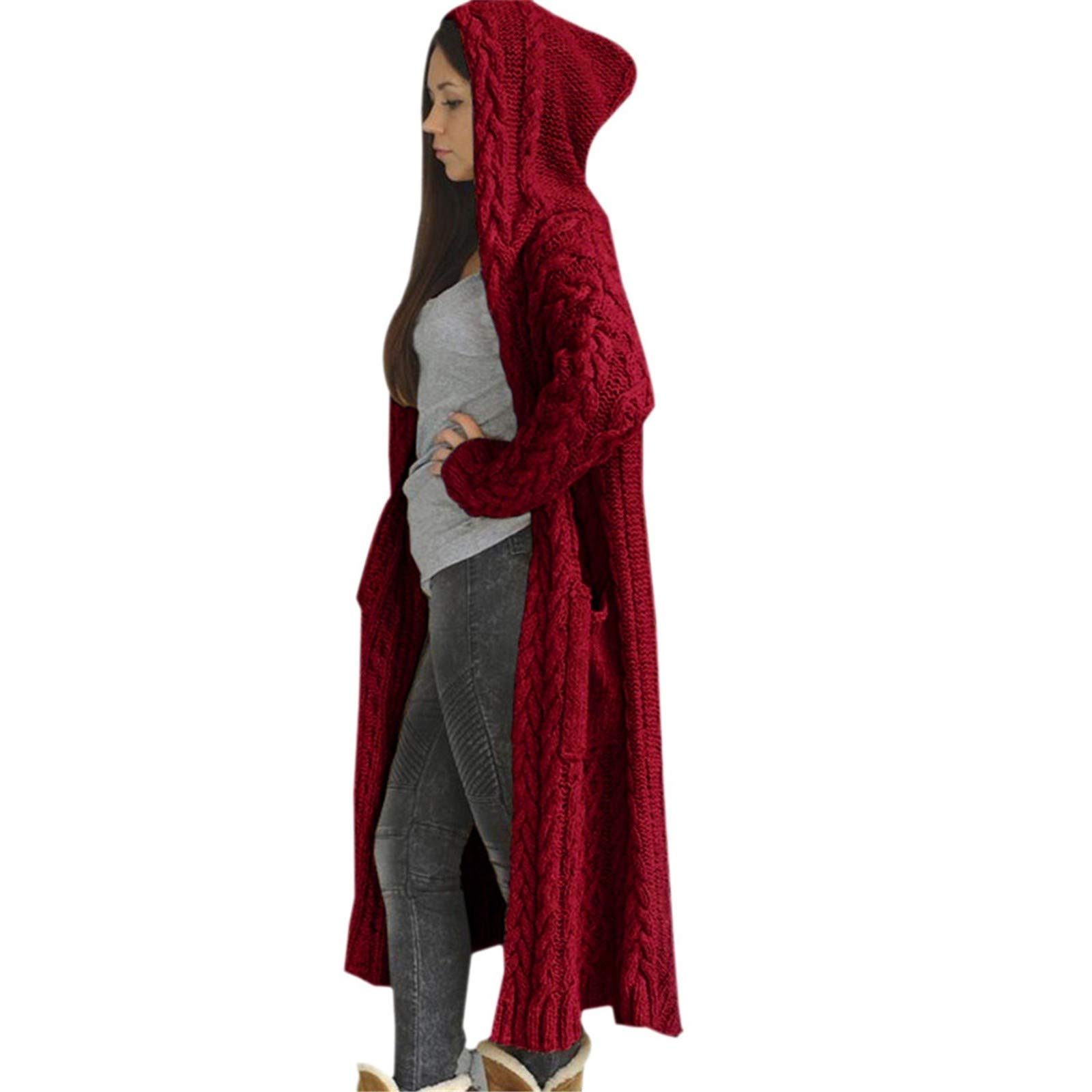 TIMIFIS Women's Plus Size Hooded Cardigan Sweater with Pockets - Long Knitted Jacket with Buttons, Warm Winter Coat for Casual Outfits, Office Wear & Outdoor Activities