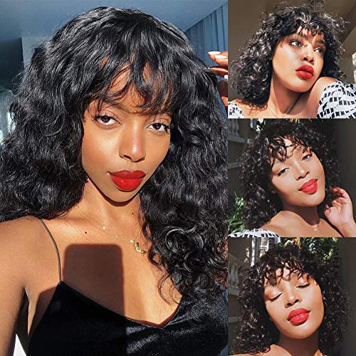 CYNOSURE 150% Density Water Wave Human Hair Wigs for Black Women - Glueless Lace Front Machine Made Wig with Bangs in Natural Black (12 Inch) | Perfect for Daily Wear, Cosplay & Special Occasions