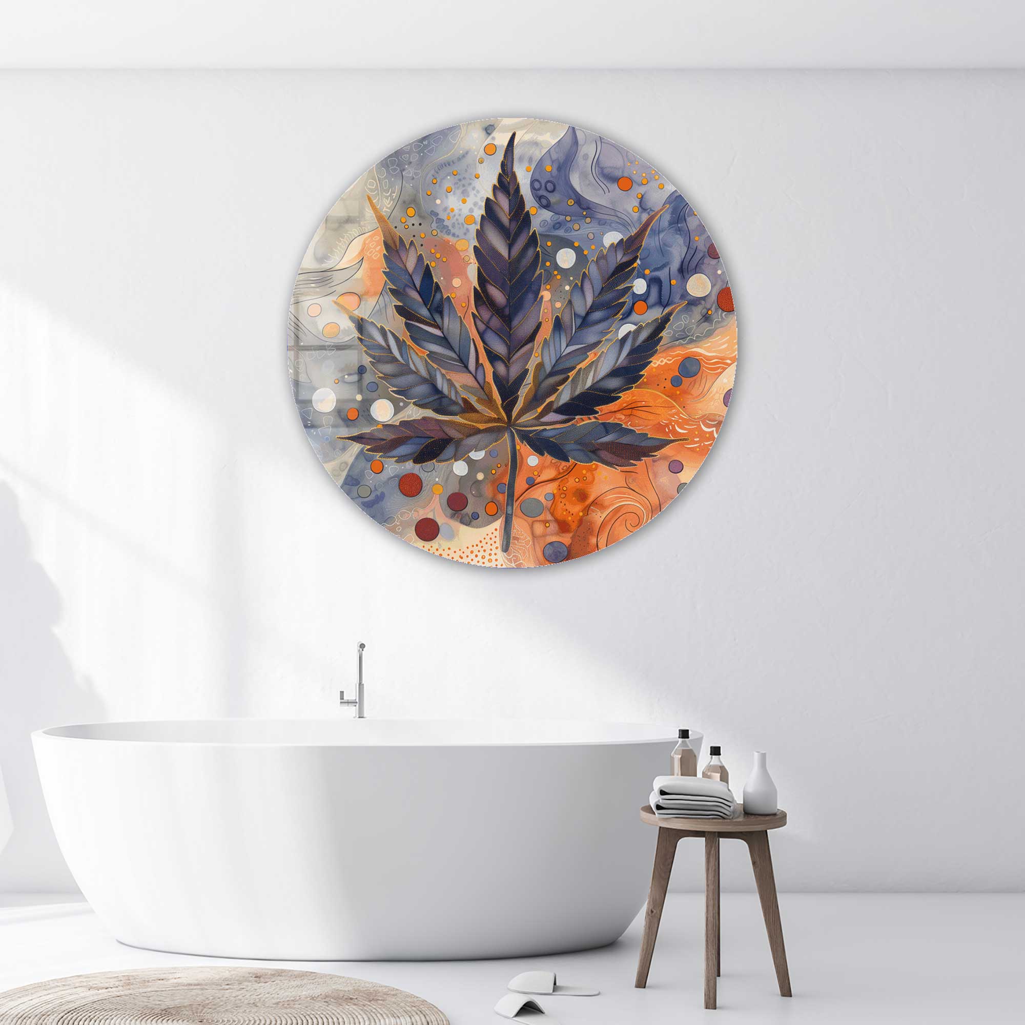 Leaf Rounded Glass Wall Art Decor - Modern Nature-Inspired Home Decor for Living Room, Bedroom & Office