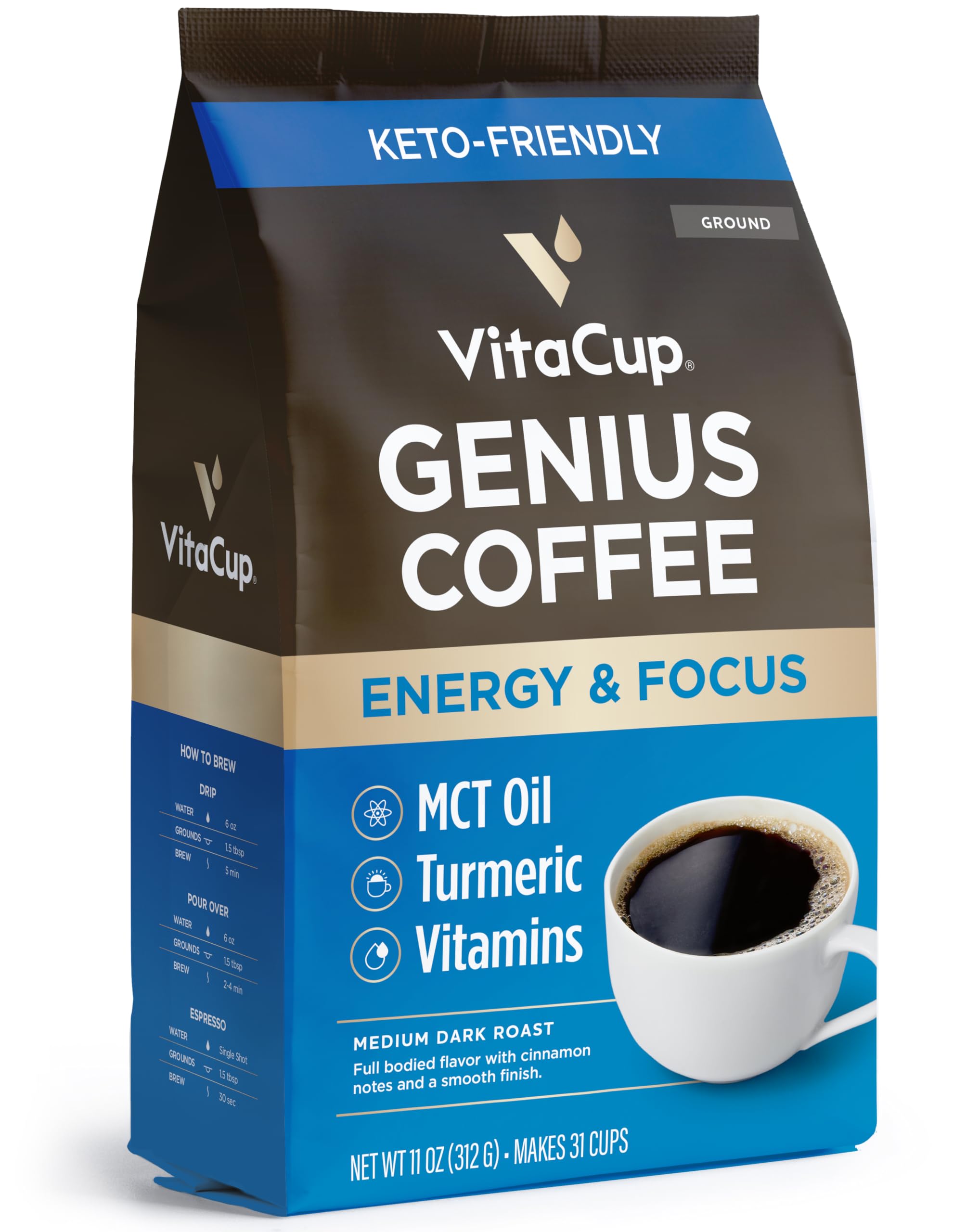Vitacup Genius Ground Coffee & Keto + Collagen Vanilla Coffee Creamer Bundle - 11oz Ground Coffee & 10oz Creamer Powder - Supports Keto Diet, Boosts Energy & Focus - Perfect for Morning Routine, Office Work & Healthy Lifestyle