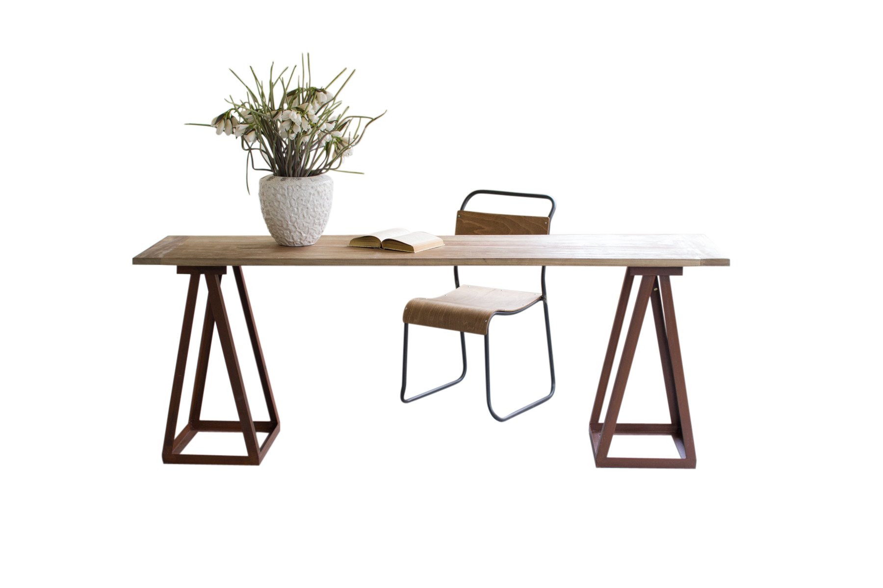 Rustic Wood Table with Sturdy Iron Sawhorse Legs - Perfect for Farmhouse Dining, Kitchen Island, or Home Office Desk