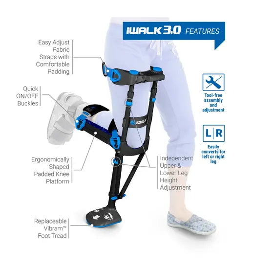 iWALK 3.0 Hands Free Crutch - Mobility Aid for Leg Injuries, Knee Surgery Recovery & Foot Pain Relief - Perfect for Hiking, Travel & Daily Activities