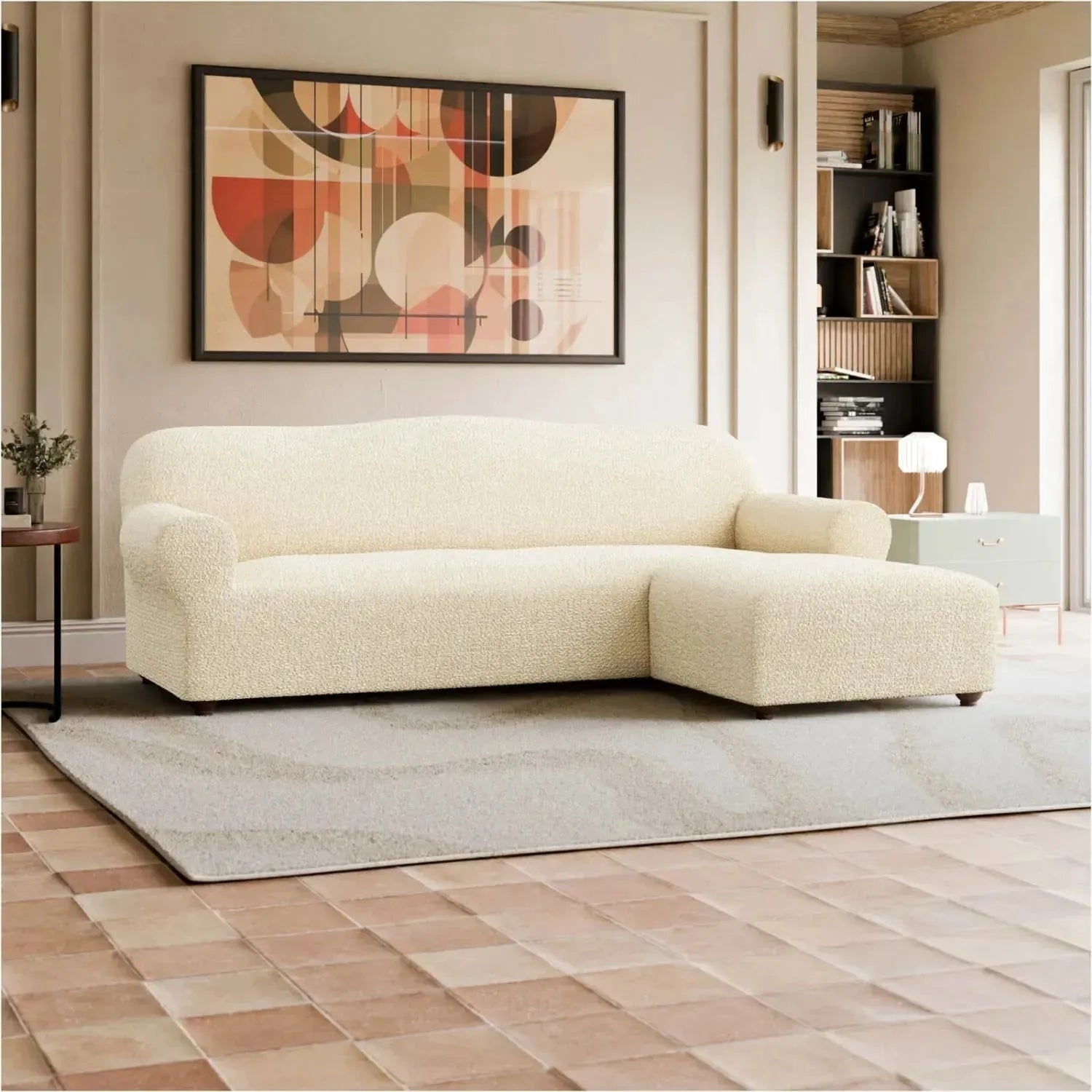 L Shaped Sofa Slipcover with Right Chaise - Mille Righe Collection Stretchable Furniture Protector for Living Room, Family Room & Home Theater