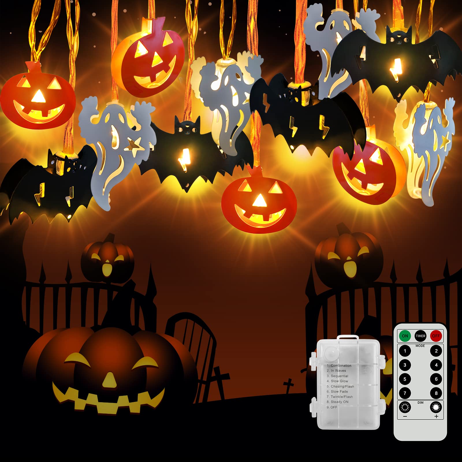 Halloween String Lights - 19.7ft 40 LED Battery Operated Lights with Remote Control & 8 Lighting Modes - Indoor/Outdoor Halloween Decor for Window, Porch, Stairs, Bar - Perfect for Halloween Party, Home Decoration, Yard & Garden Lighting (3 in 1)