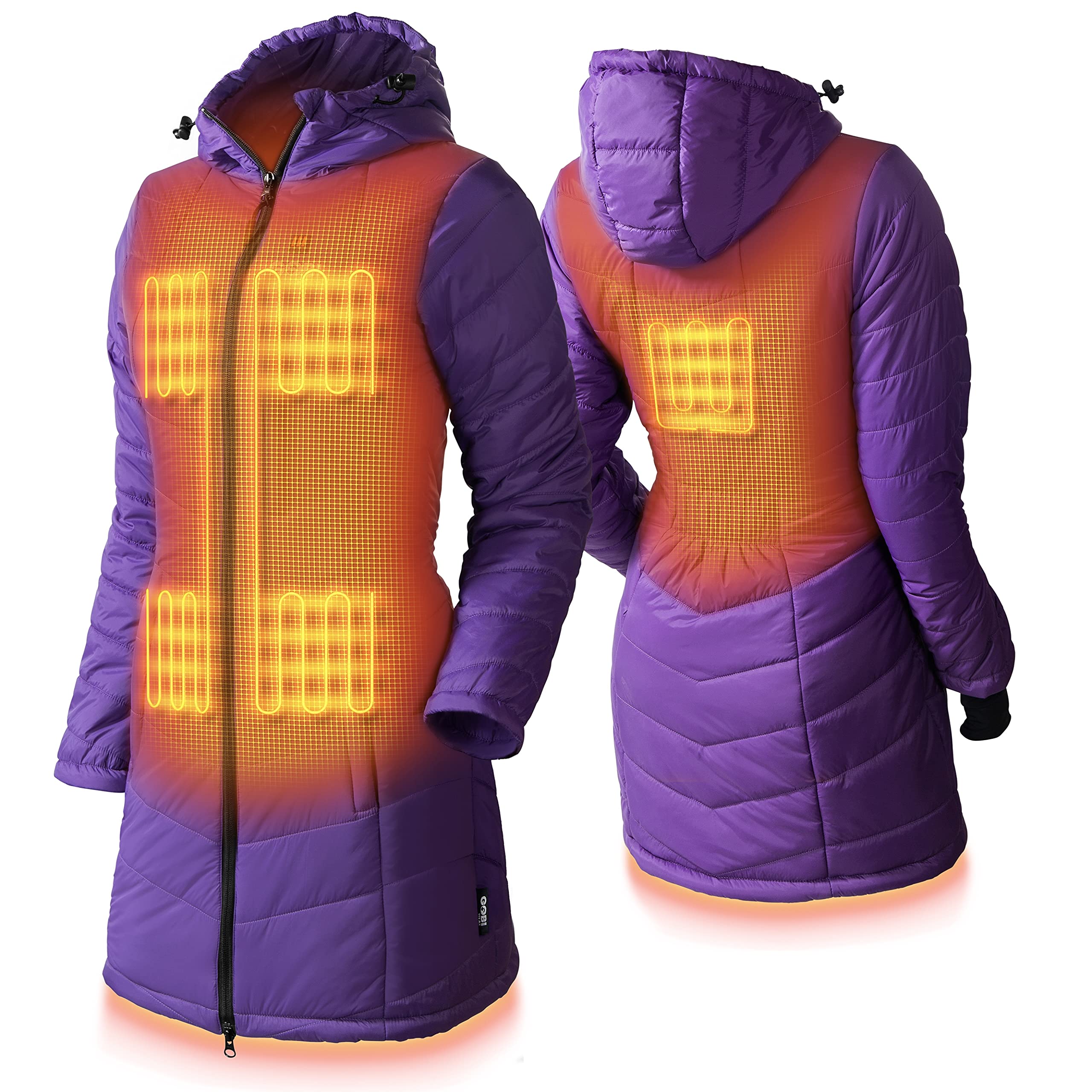 Victoria Women’s Long Puffer Heated Jacket with Battery & Charger - 9 Hours Heating, 5 Adjustable Heat Zones, Machine Washable, All-Day Warmth - XL Plum for Winter Outdoor Activities, Skiing, Hiking & Cold Weather Commute